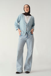 Tie front knit cardigan in light blue