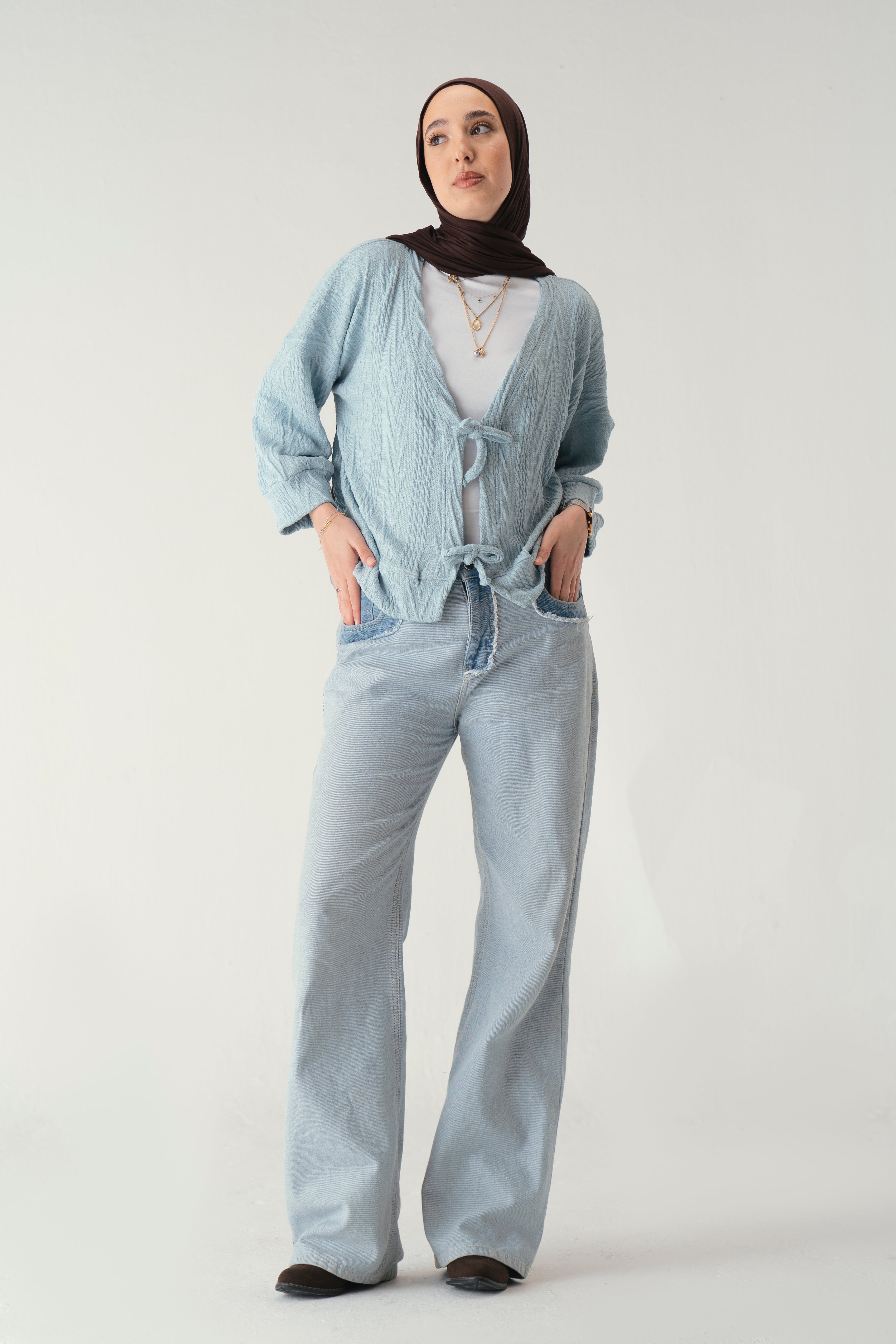 Tie front knit cardigan in light blue