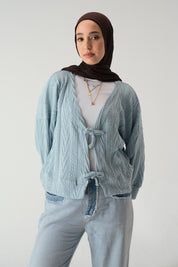 Tie front knit cardigan in light blue