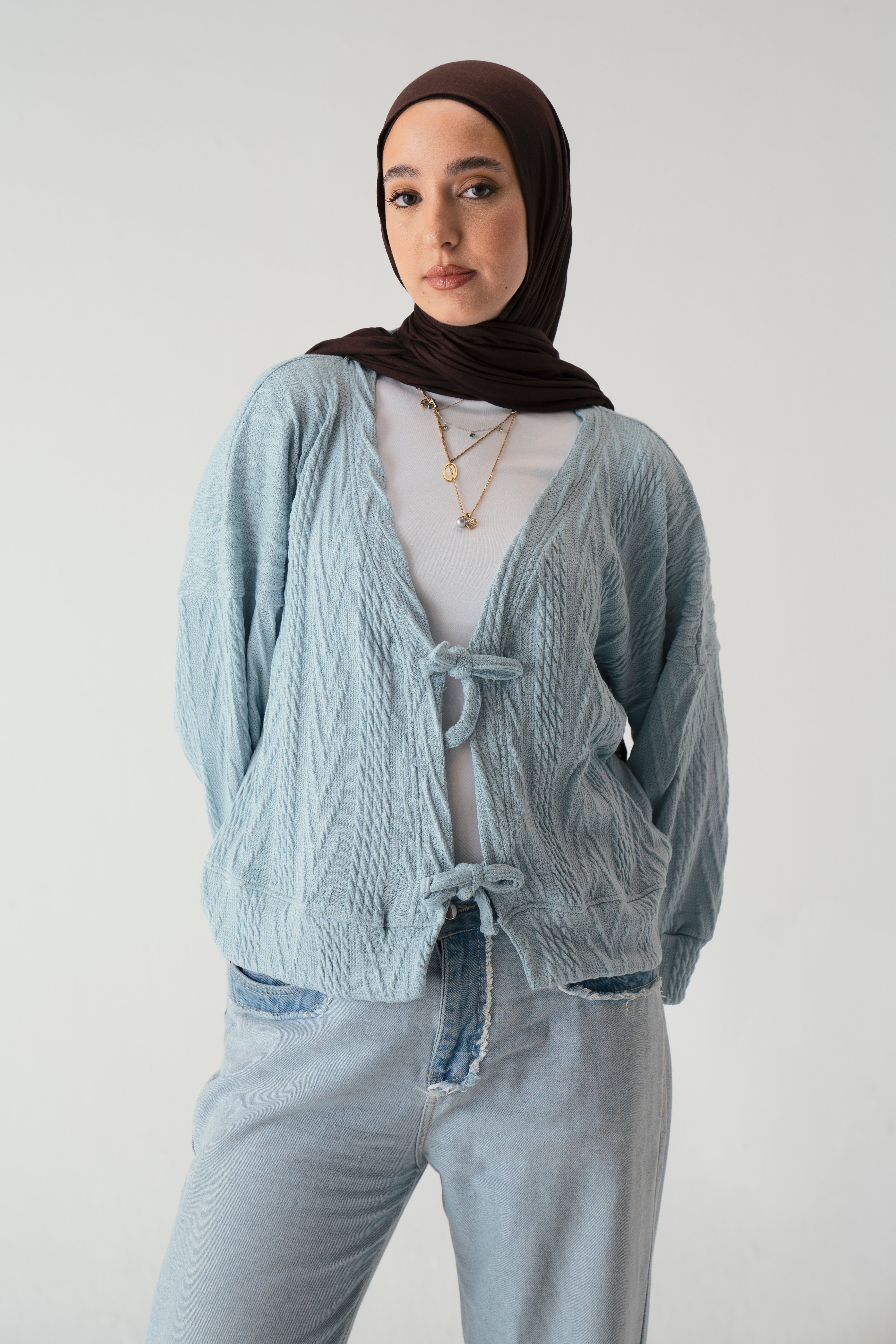 Tie front knit cardigan in light blue