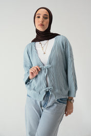 Tie front knit cardigan in light blue