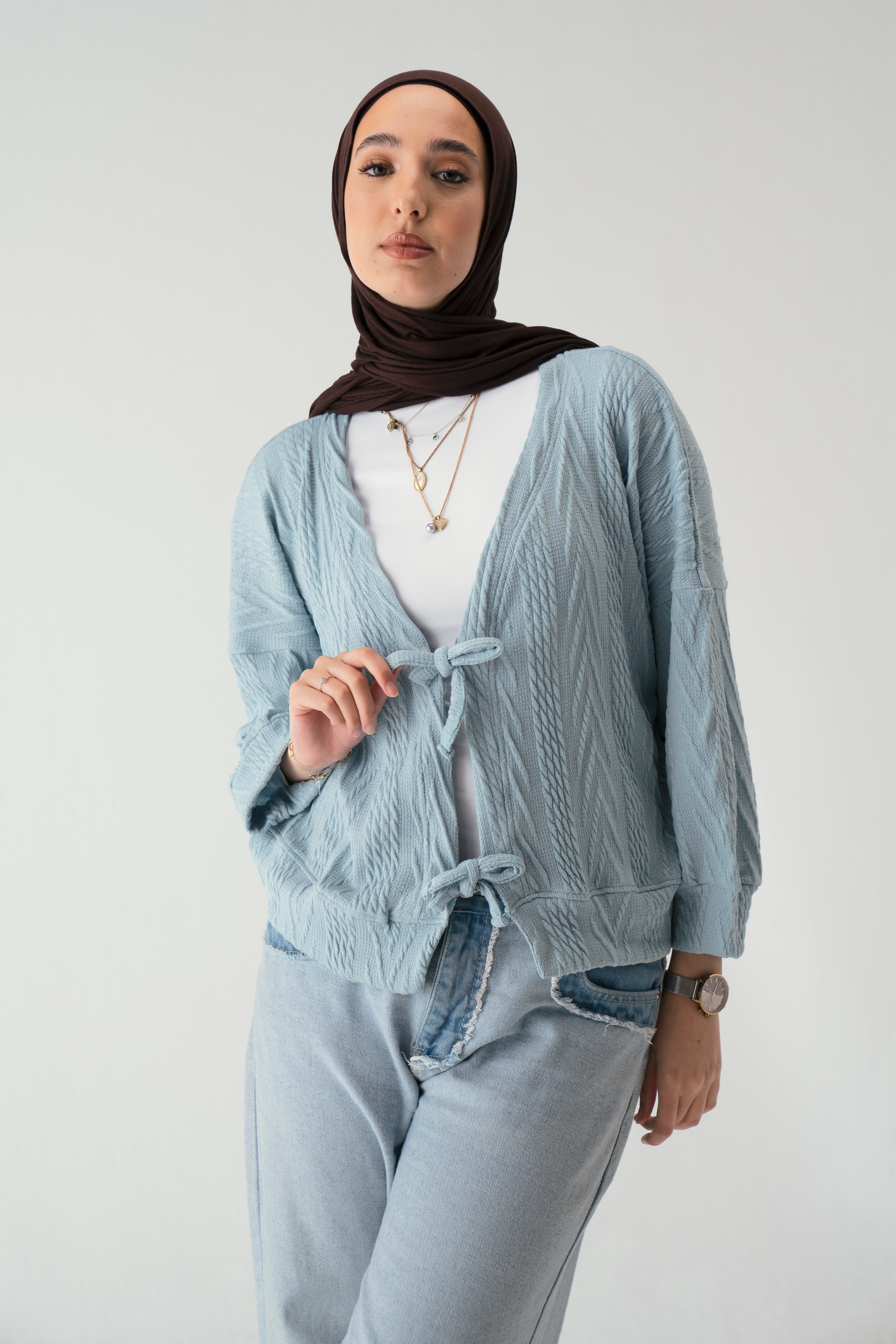 Tie front knit cardigan in light blue