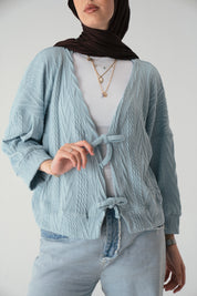 Tie front knit cardigan in light blue