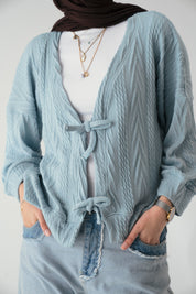 Tie front knit cardigan in light blue