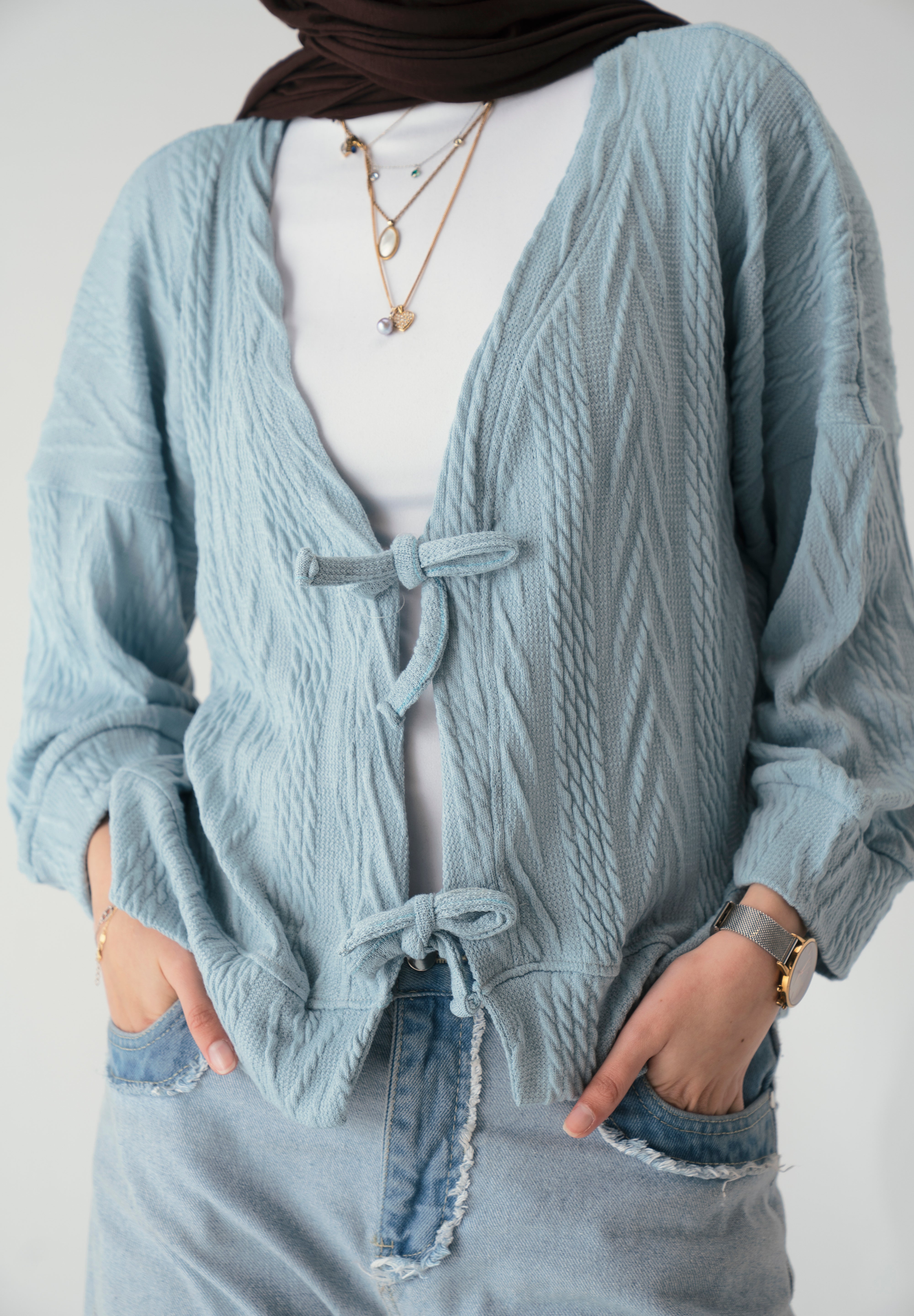 Tie front knit cardigan in light blue