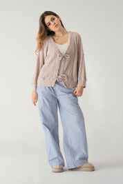Tie front knit cardigan in beige