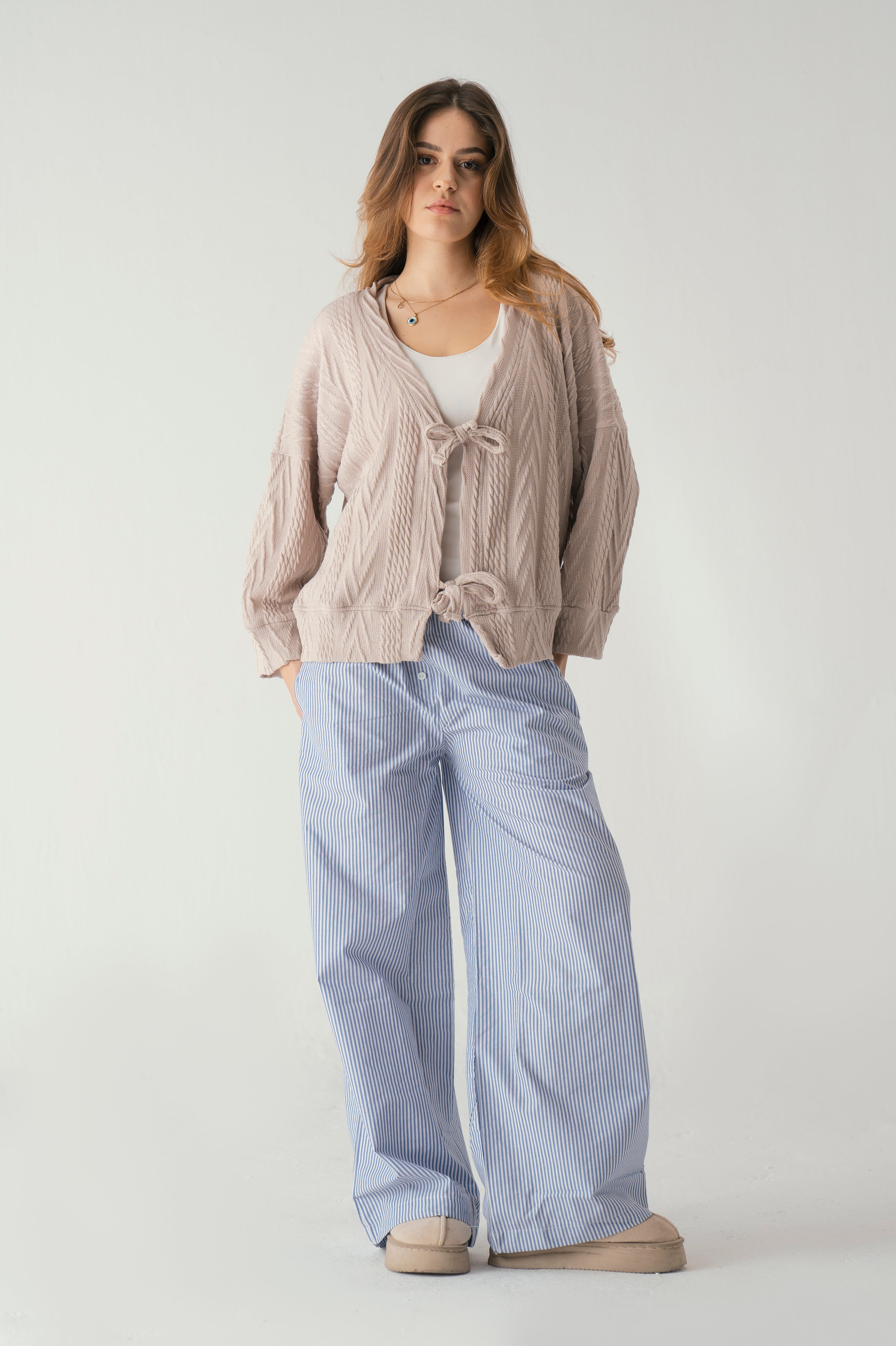 Tie front knit cardigan in beige