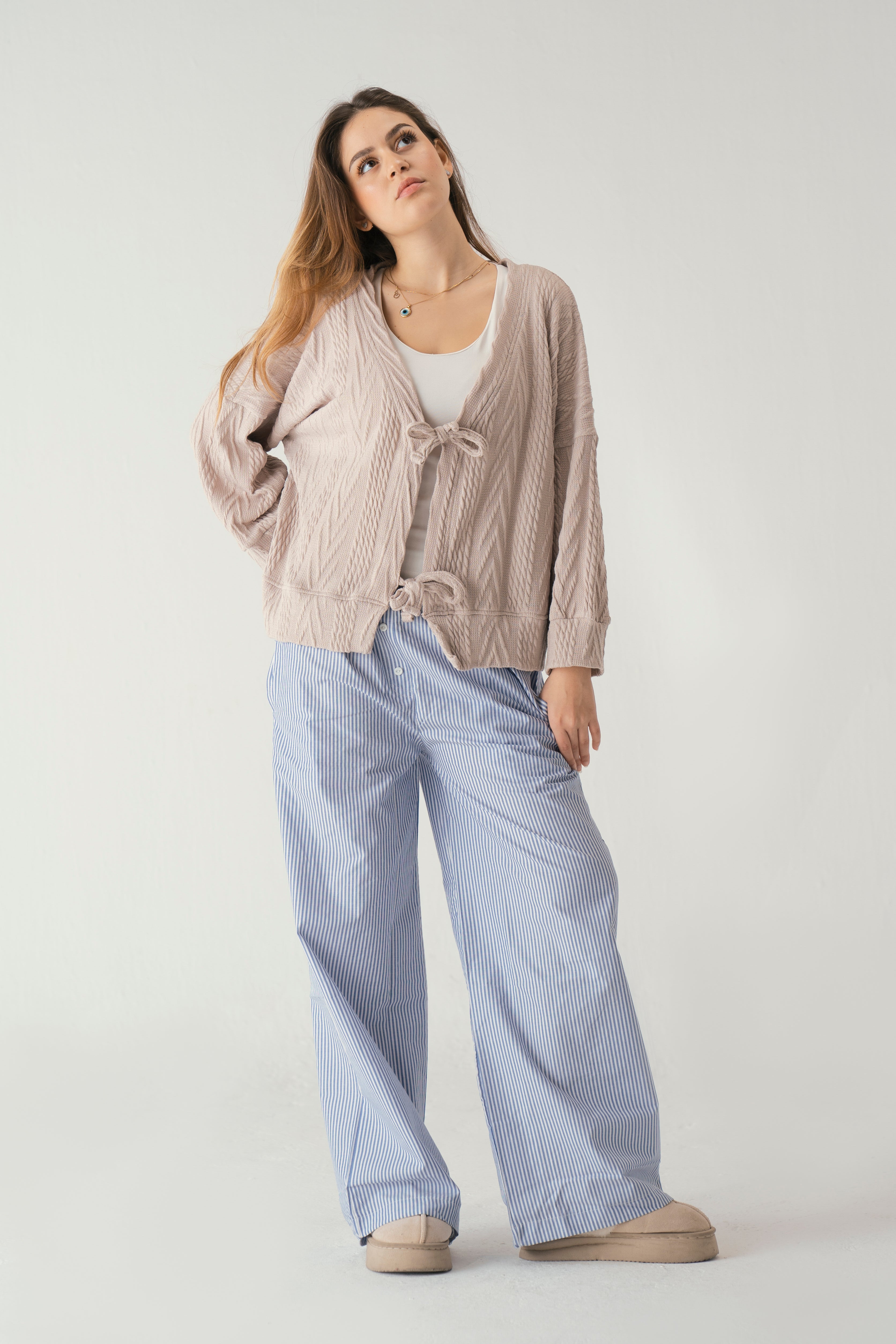 Tie front knit cardigan in beige