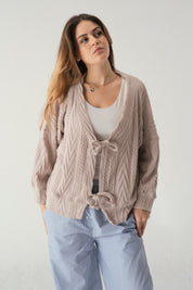 Tie front knit cardigan in beige