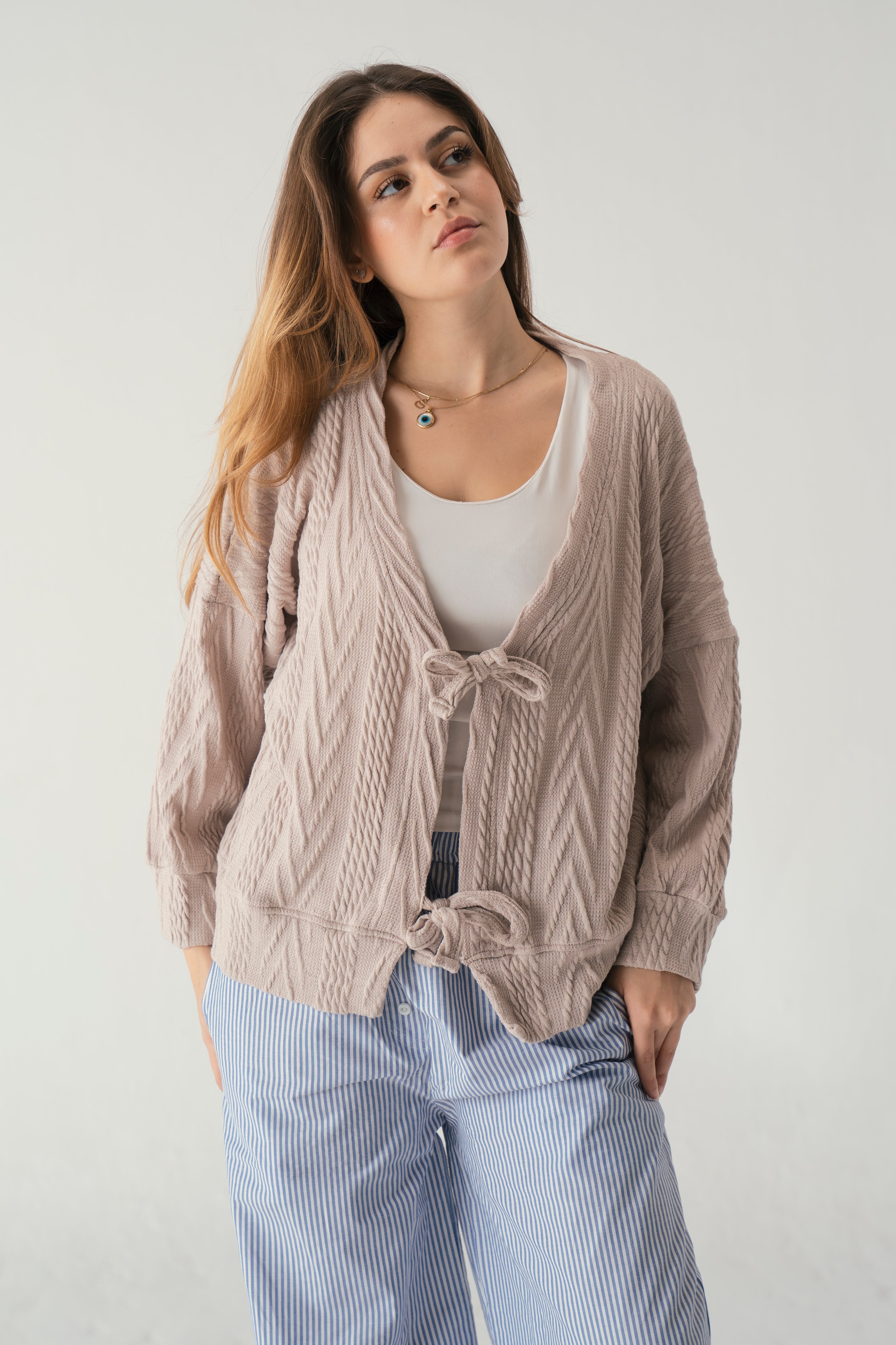 Tie front knit cardigan in beige