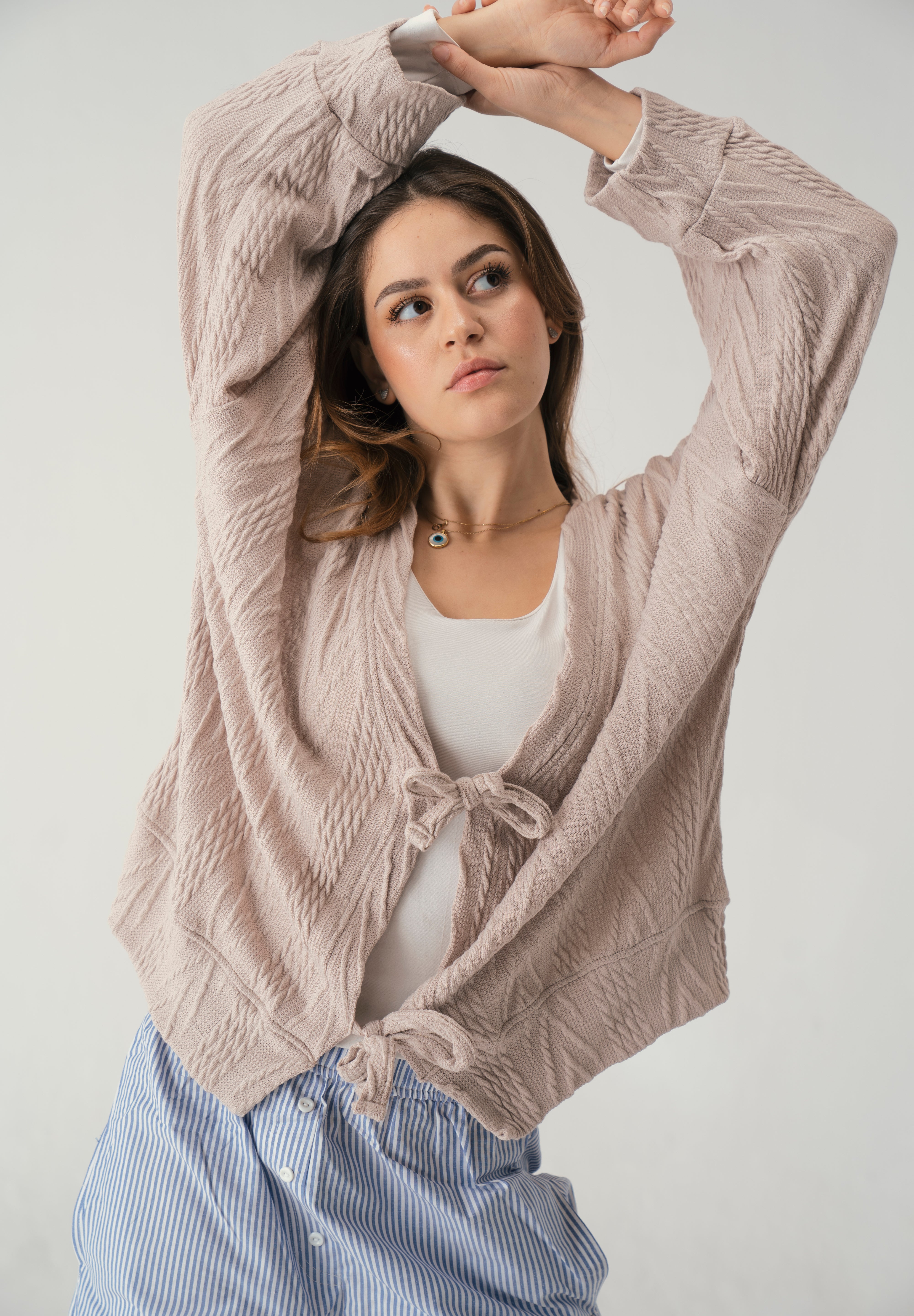 Tie front knit cardigan in beige
