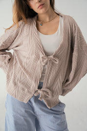 Tie front knit cardigan in beige
