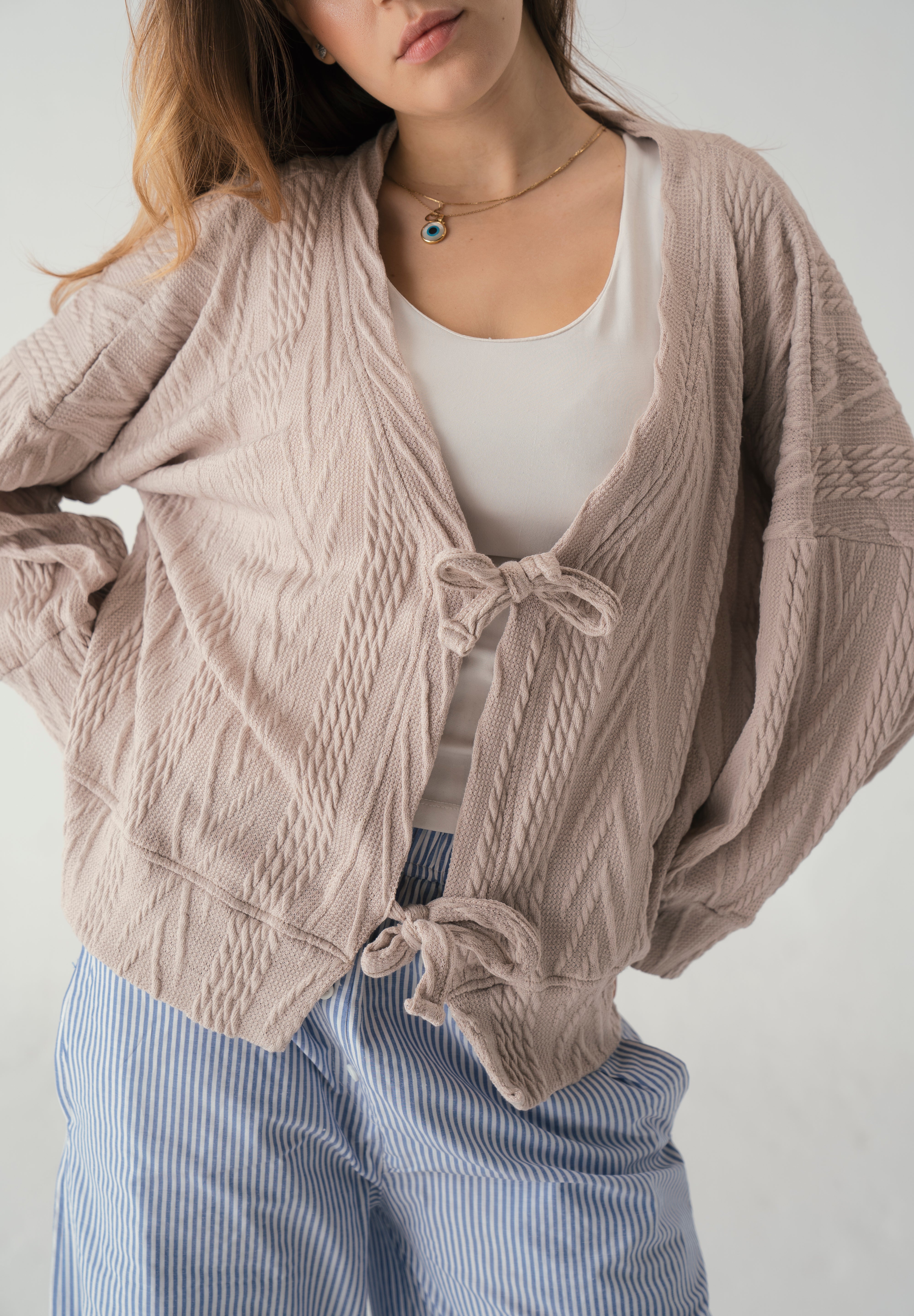 Tie front knit cardigan in beige