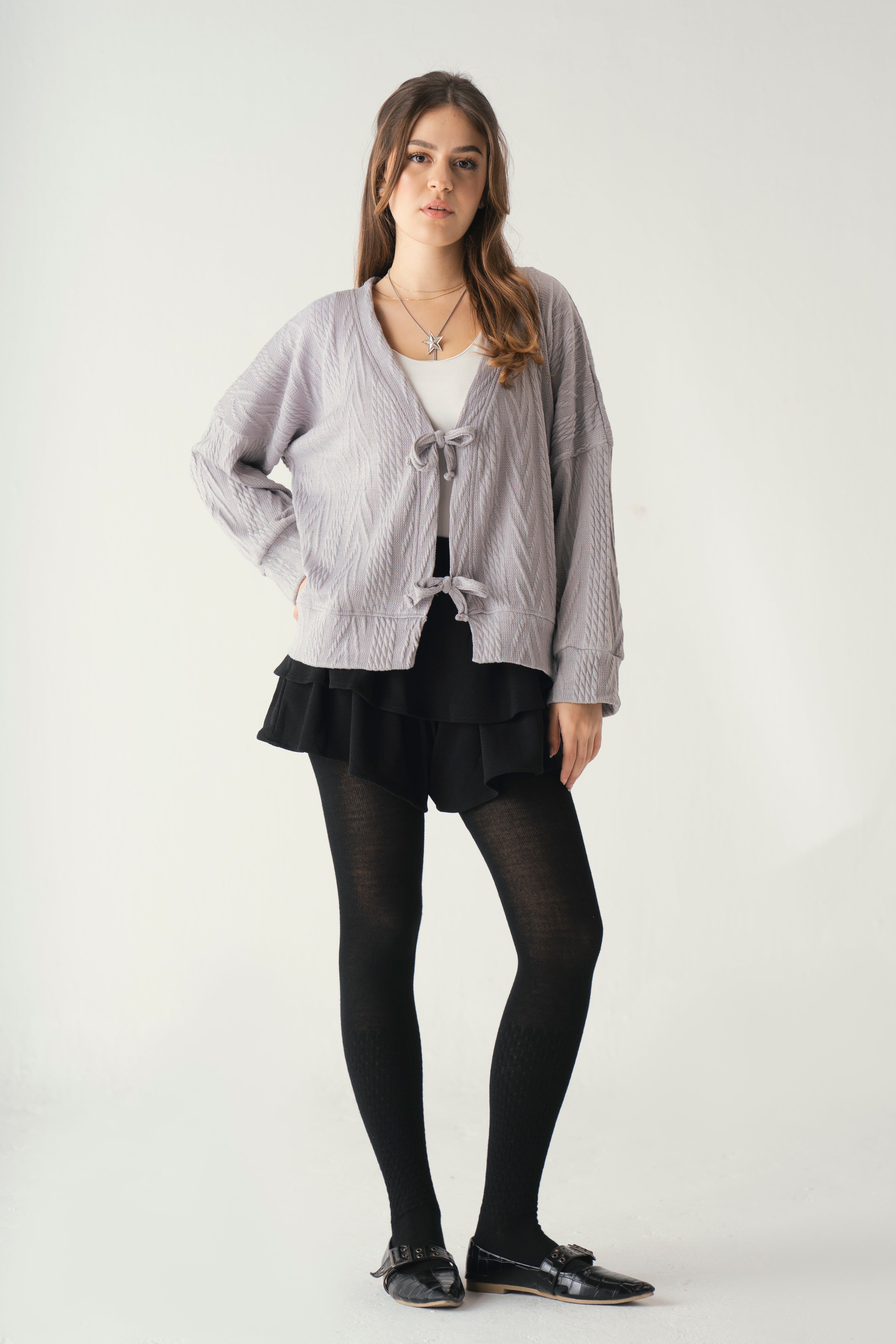 Tie front knit cardigan in grey
