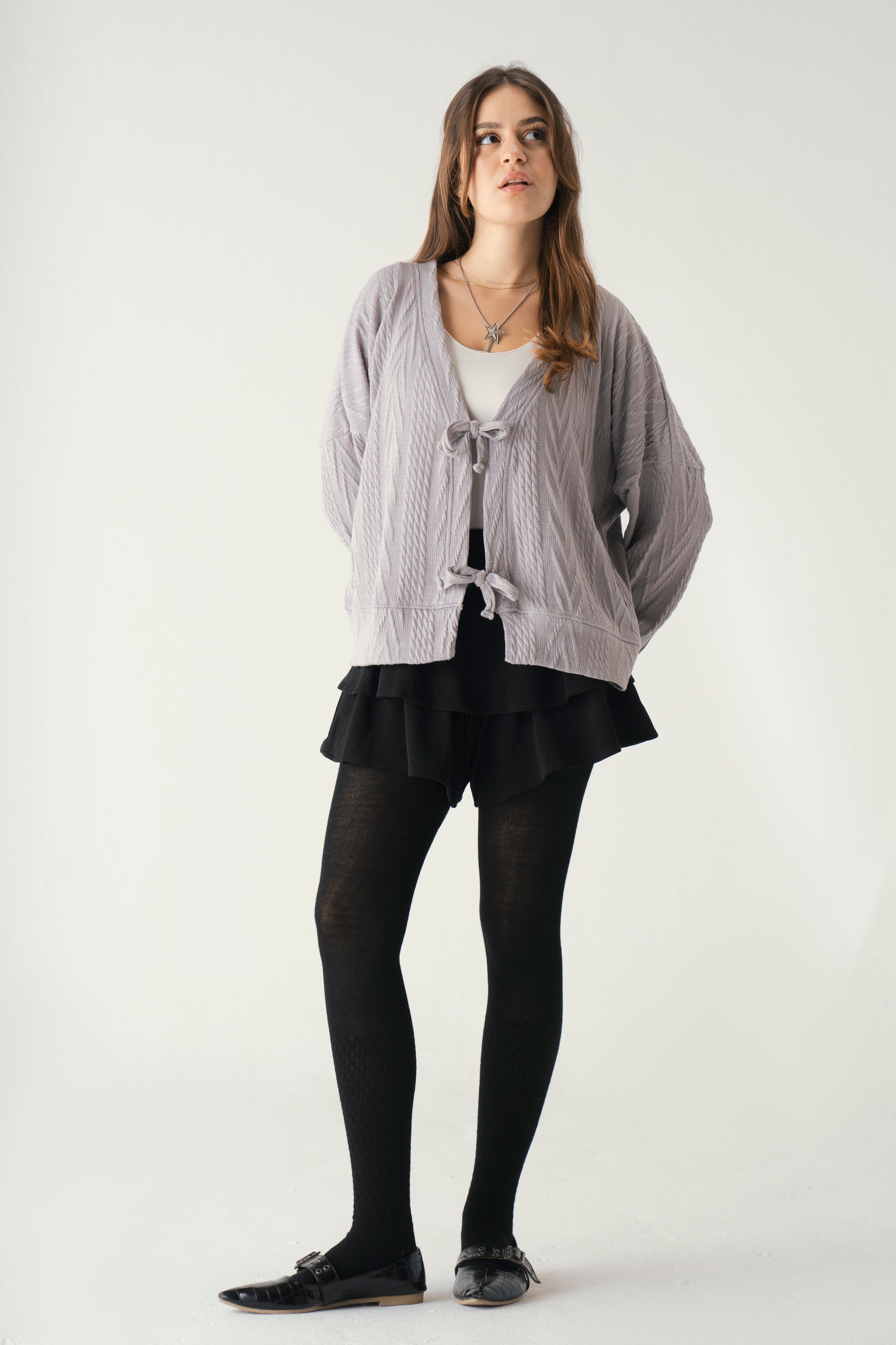 Tie front knit cardigan in grey