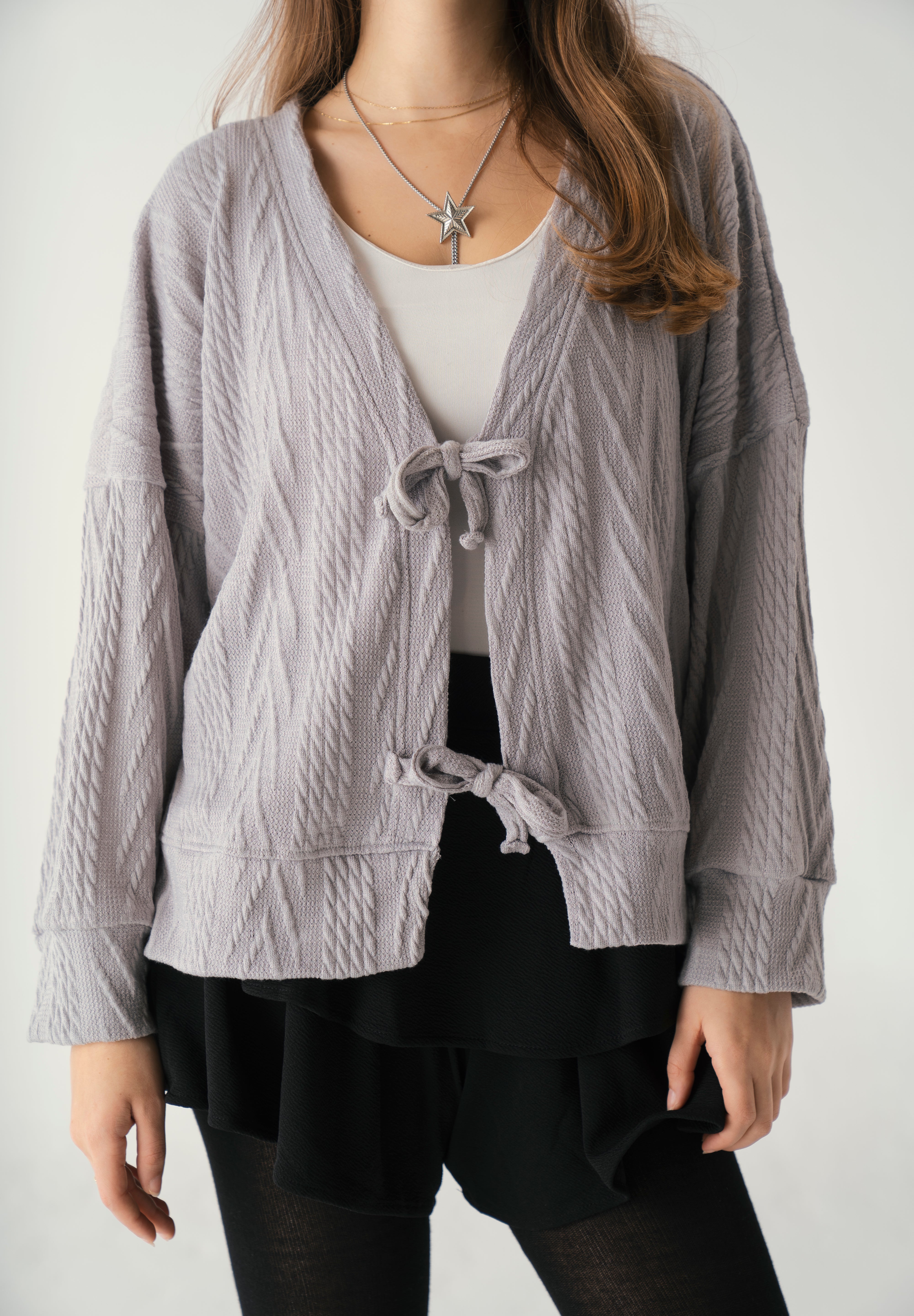 Tie front knit cardigan in grey