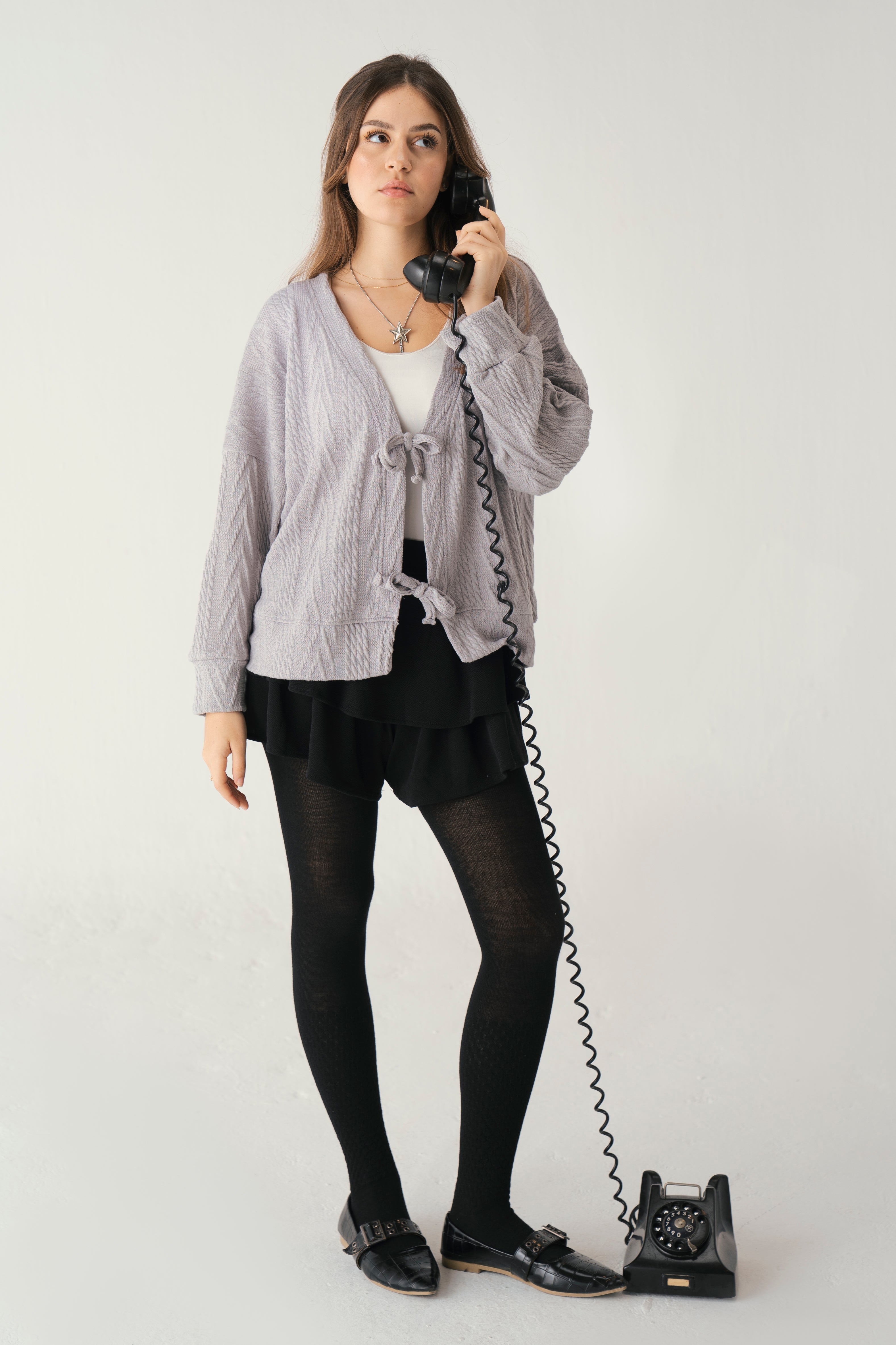 Tie front knit cardigan in grey
