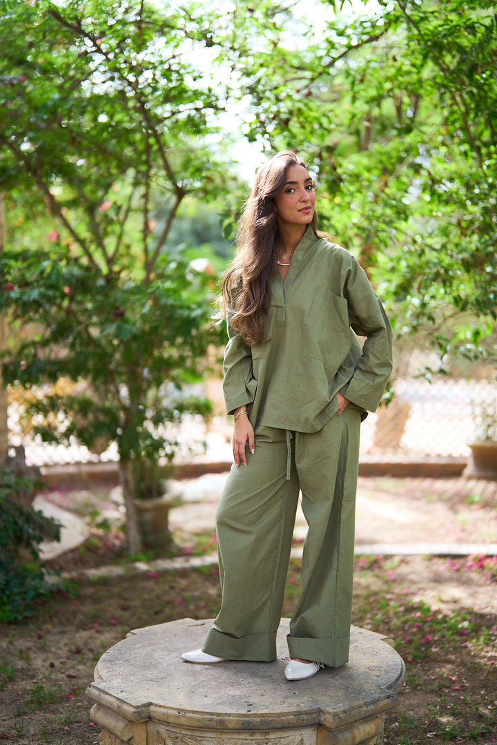 Linen Set In Khakhi green