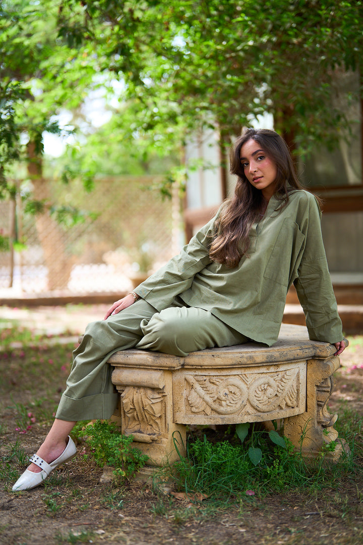 Linen Set In Khakhi green