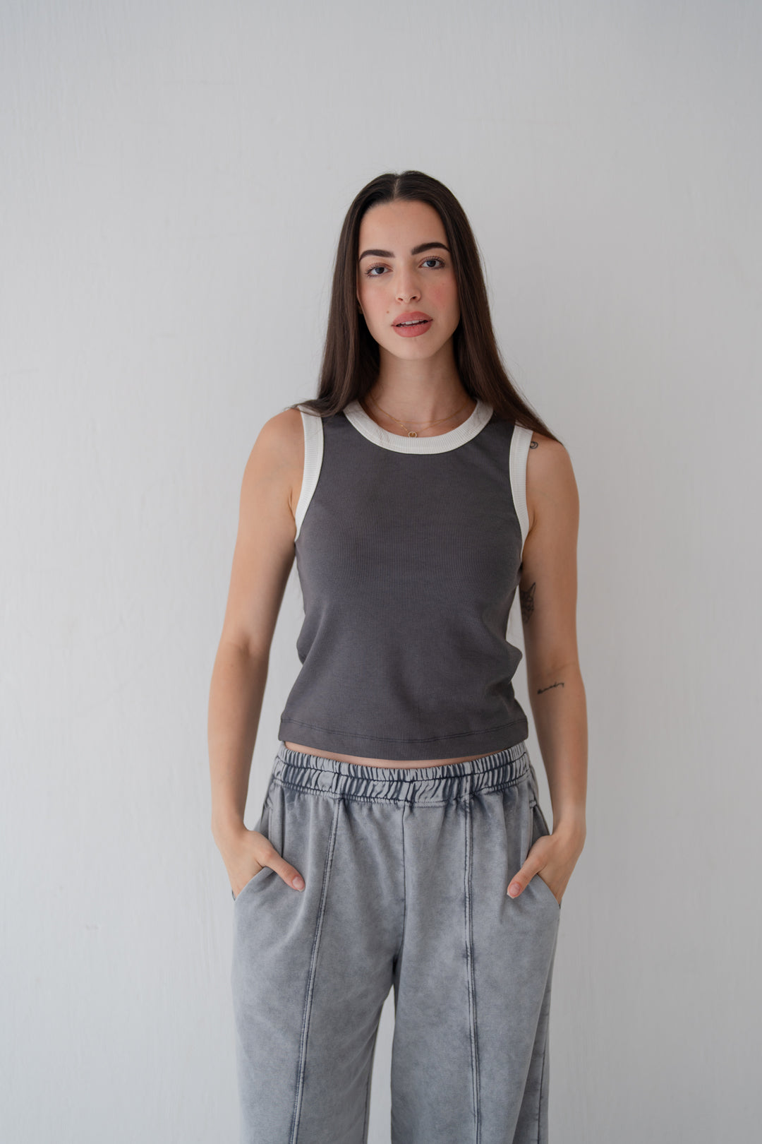 Grey Contrast Trim Tank Top