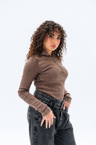 Brown Washed Long Sleeves Tank Top
