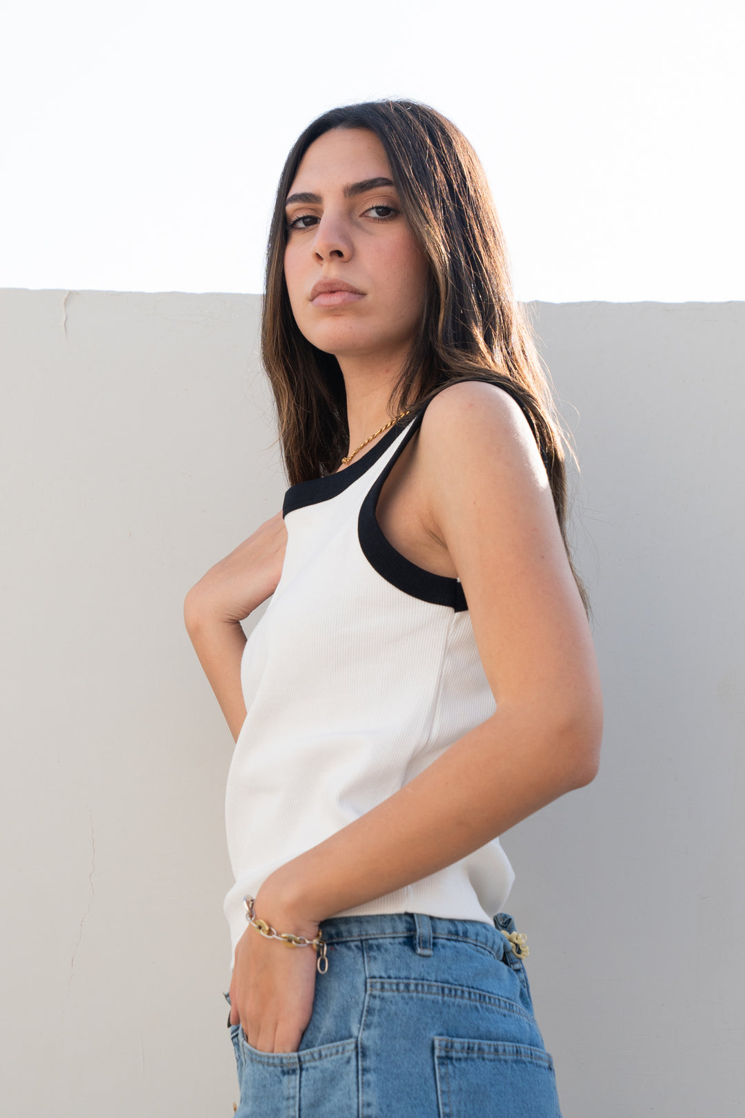 White Contrast Trim Tank Top