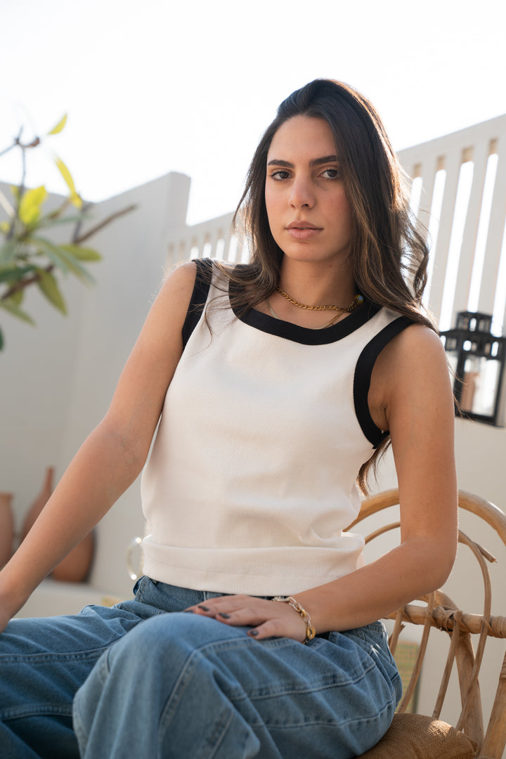 White Contrast Trim Tank Top