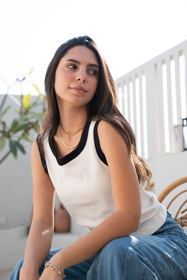 White Contrast Trim Tank Top