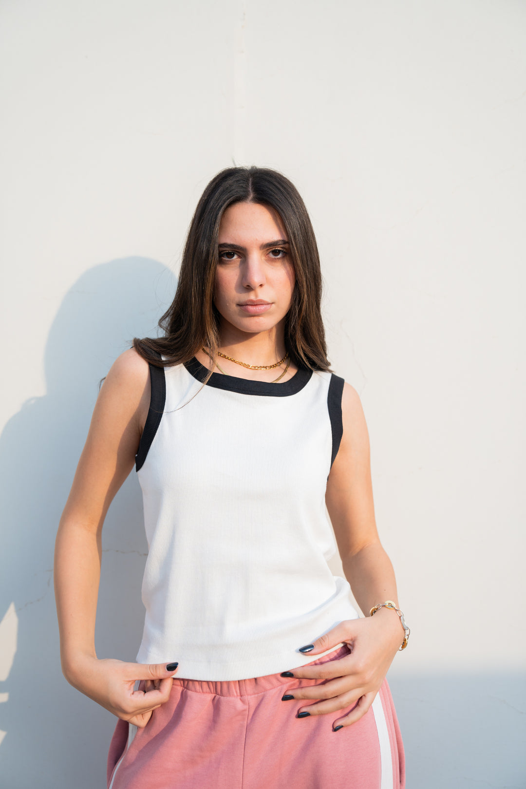 White Contrast Trim Tank Top