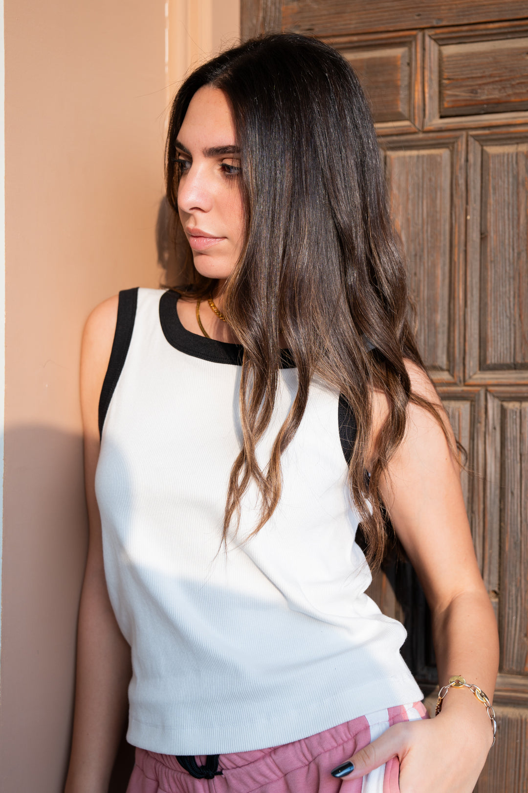 White Contrast Trim Tank Top