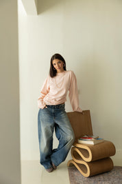 long sleeve ruched T-shirt In Powder Pink