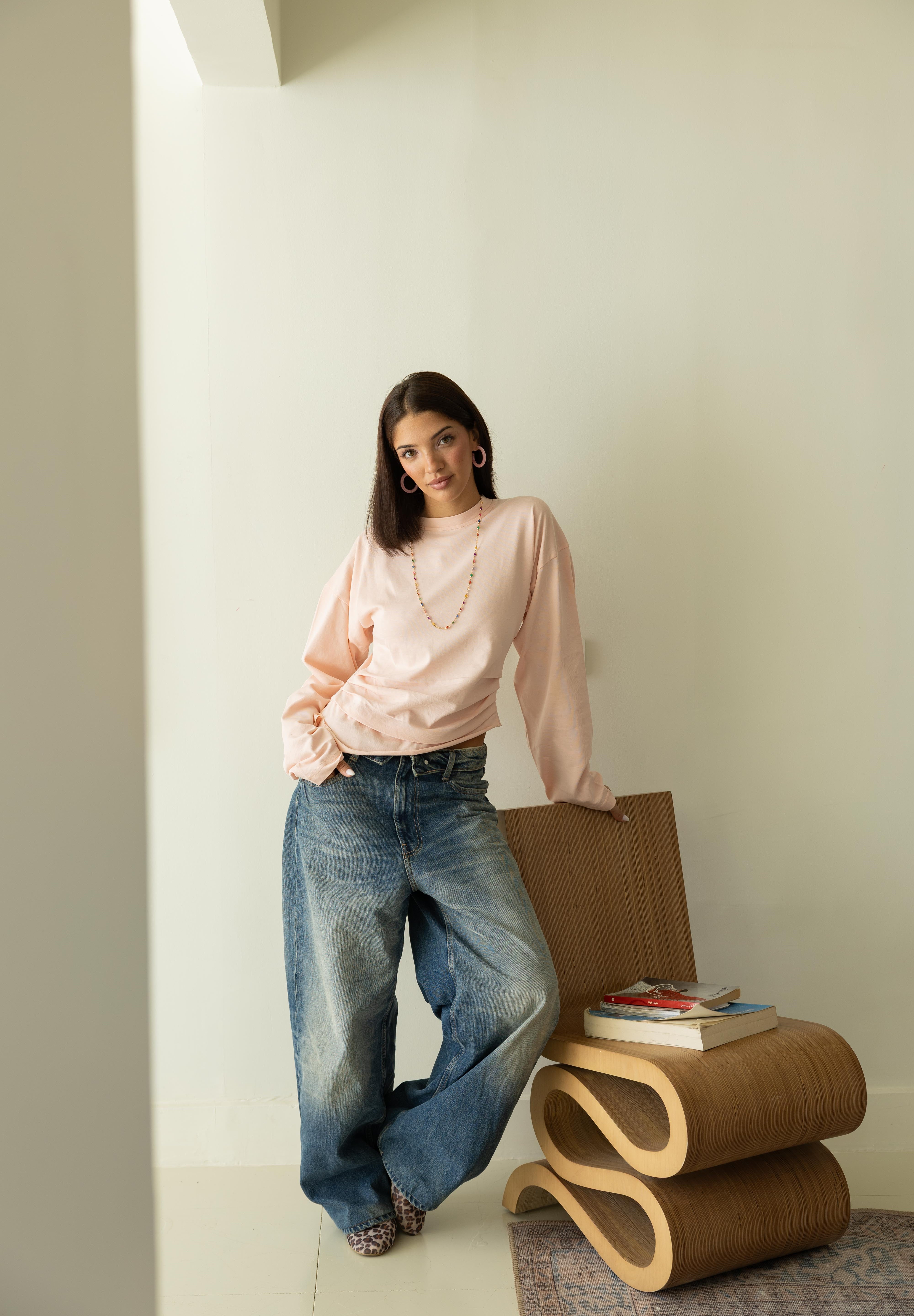 long sleeve ruched T-shirt In Powder Pink