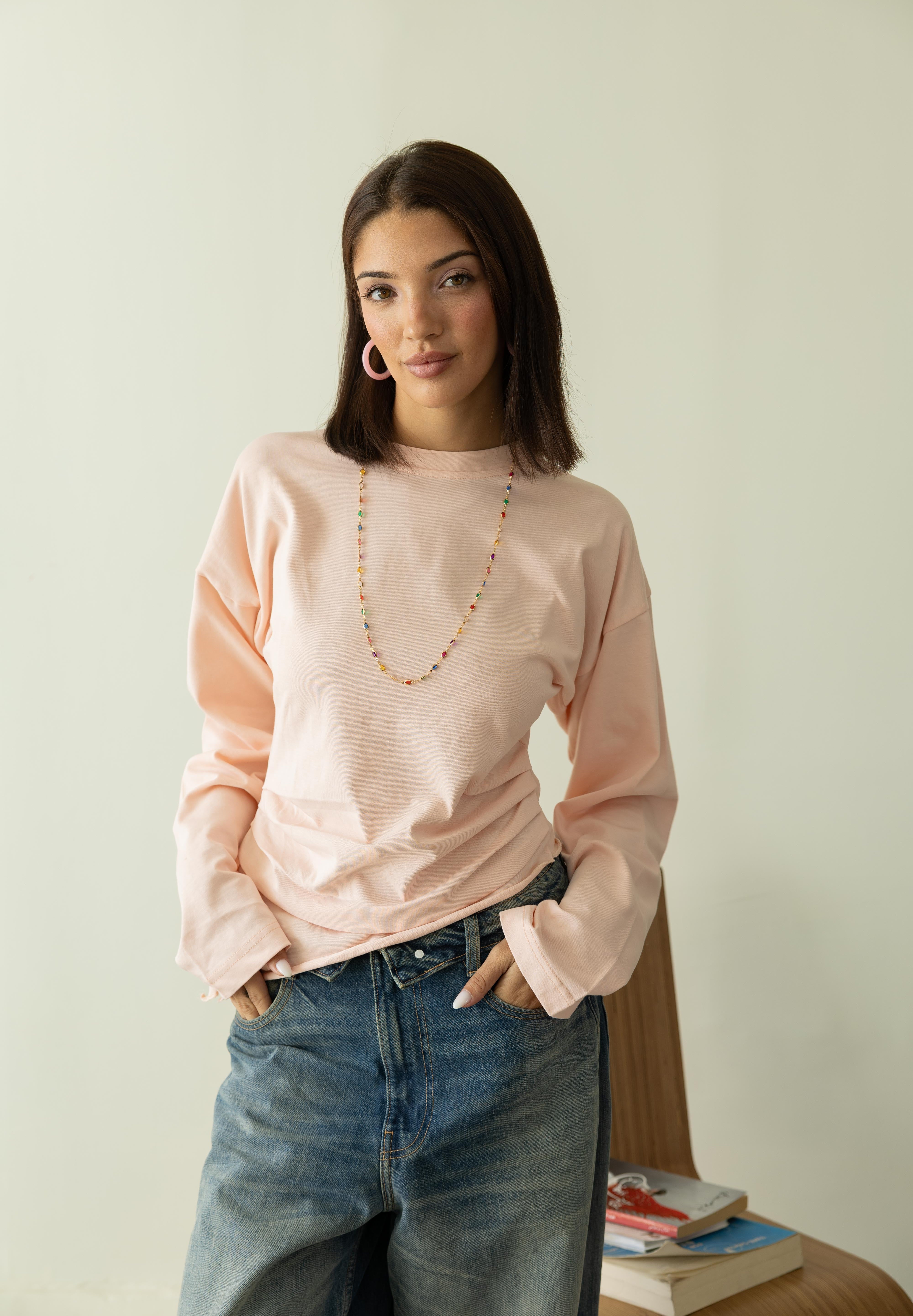 long sleeve ruched T-shirt In Powder Pink