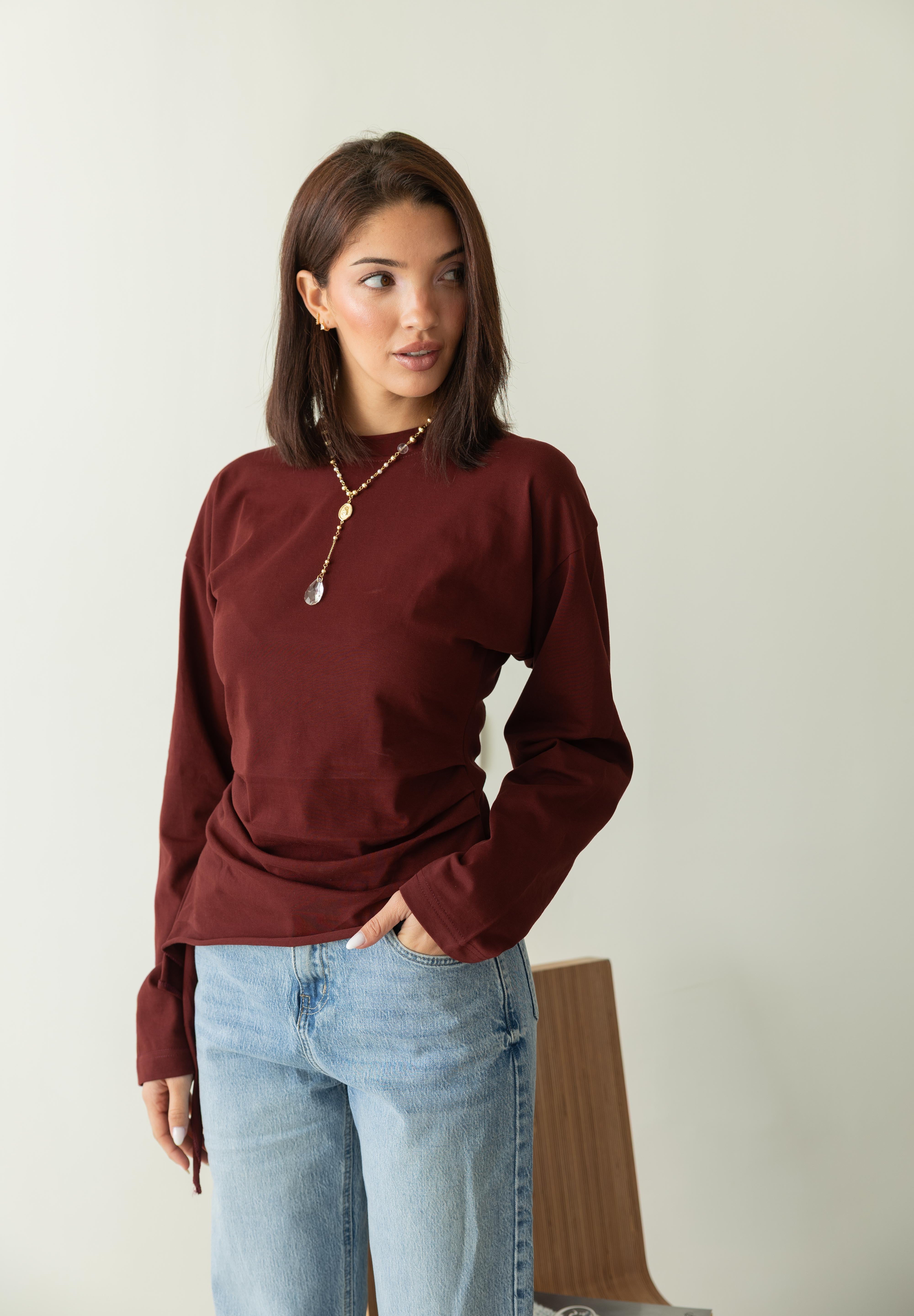 long sleeve ruched T-shirt In Wine
