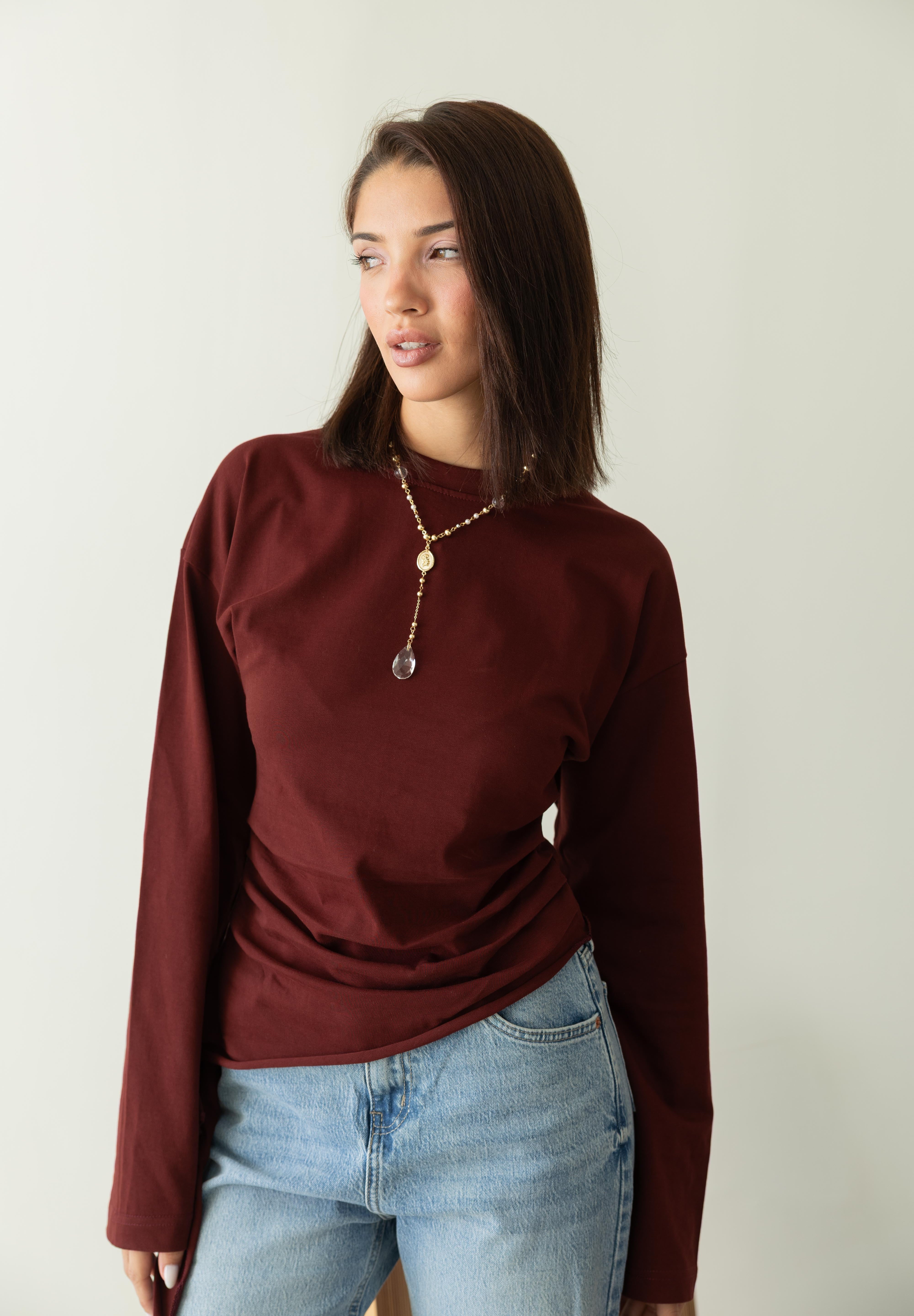 long sleeve ruched T-shirt In Wine