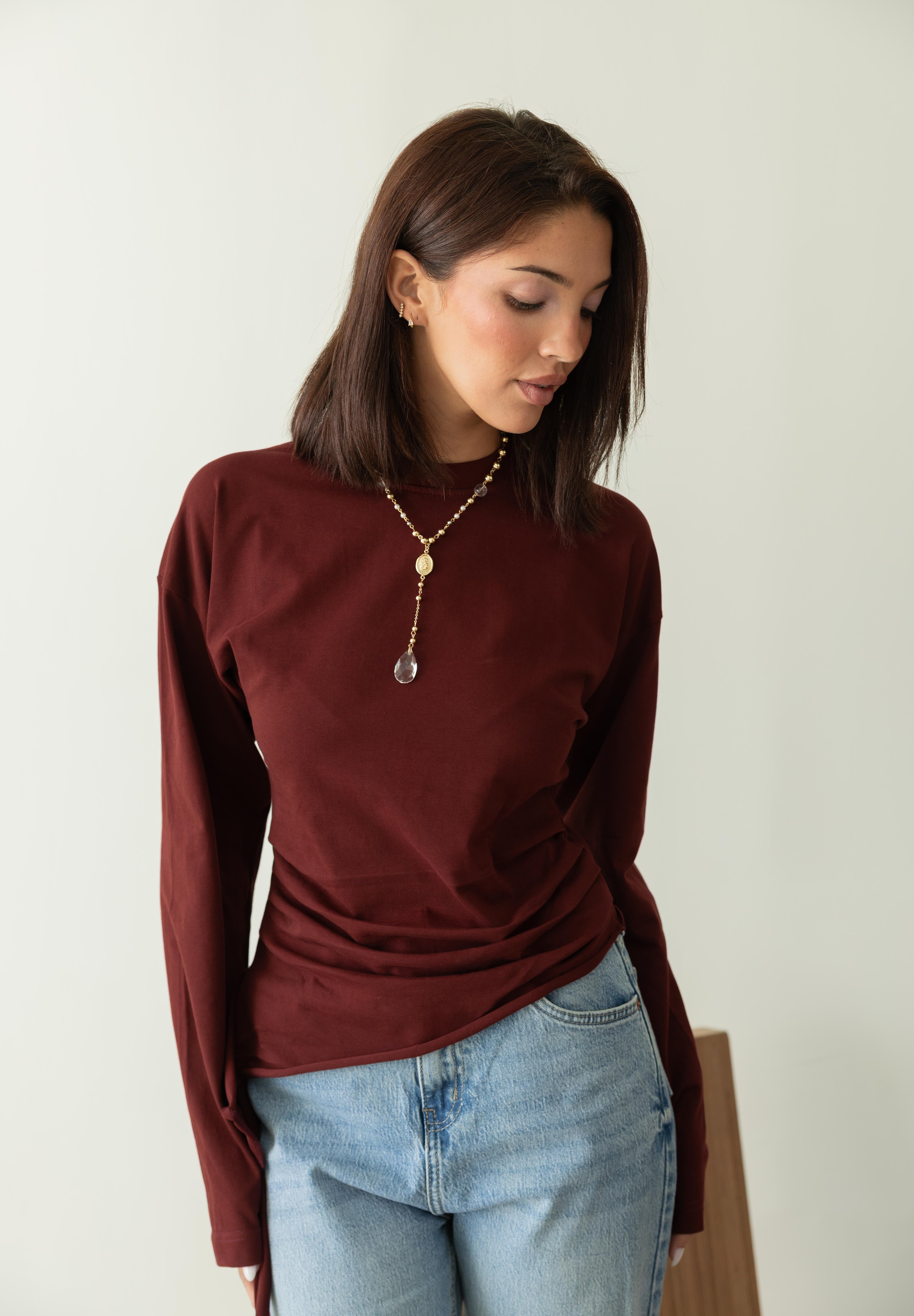 long sleeve ruched T-shirt In Wine