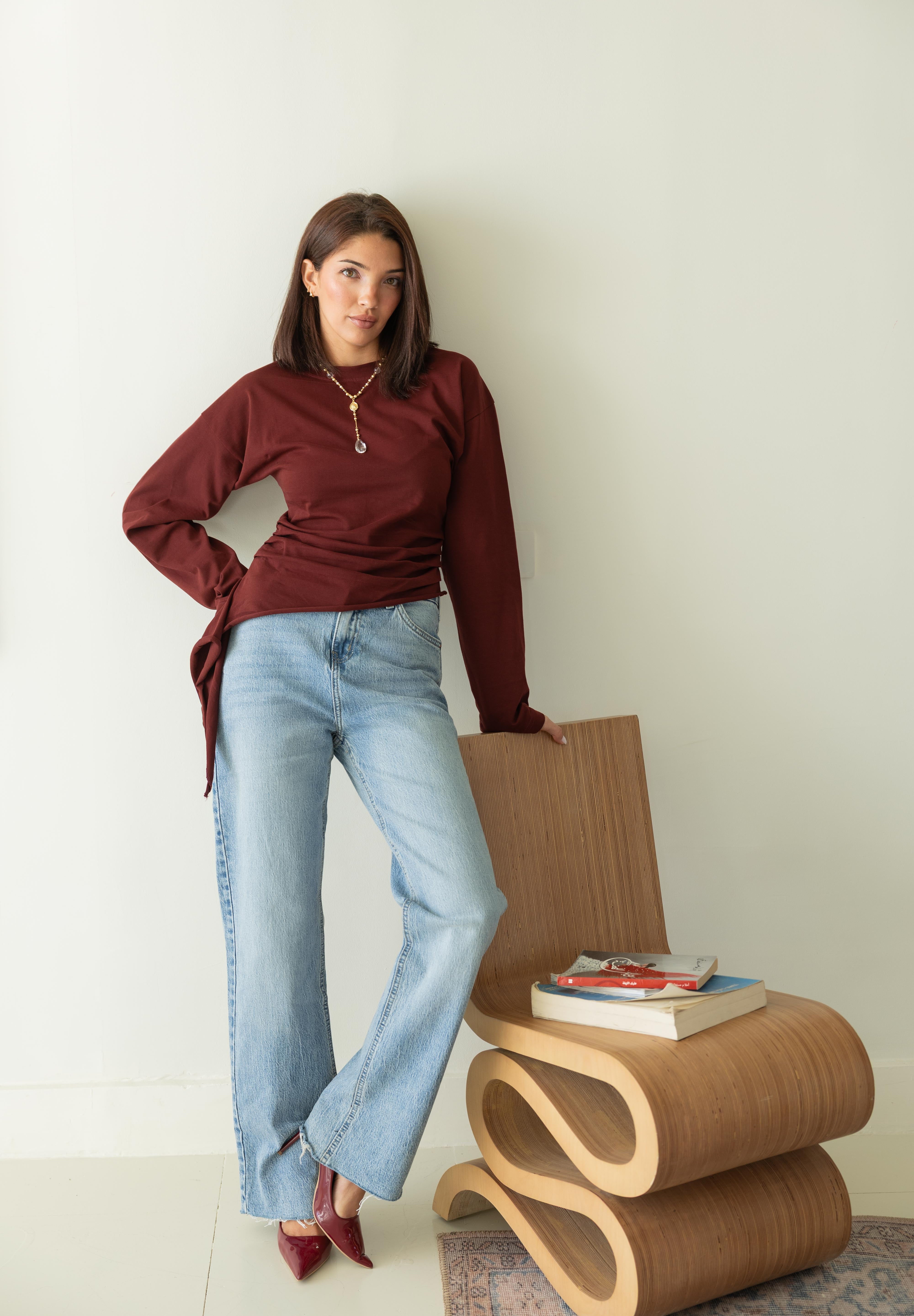 long sleeve ruched T-shirt In Wine