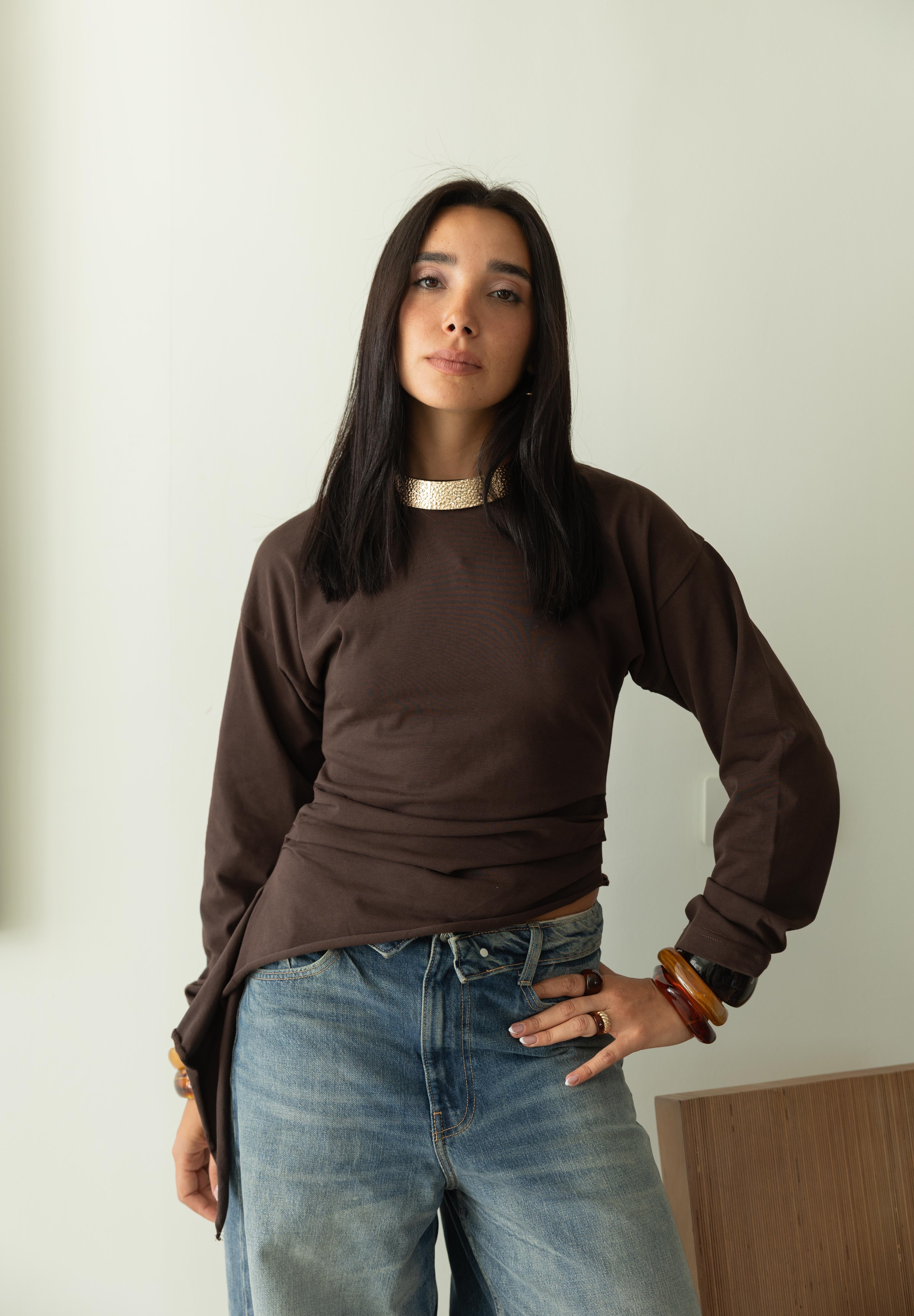 long sleeve ruched T-shirt In Brown