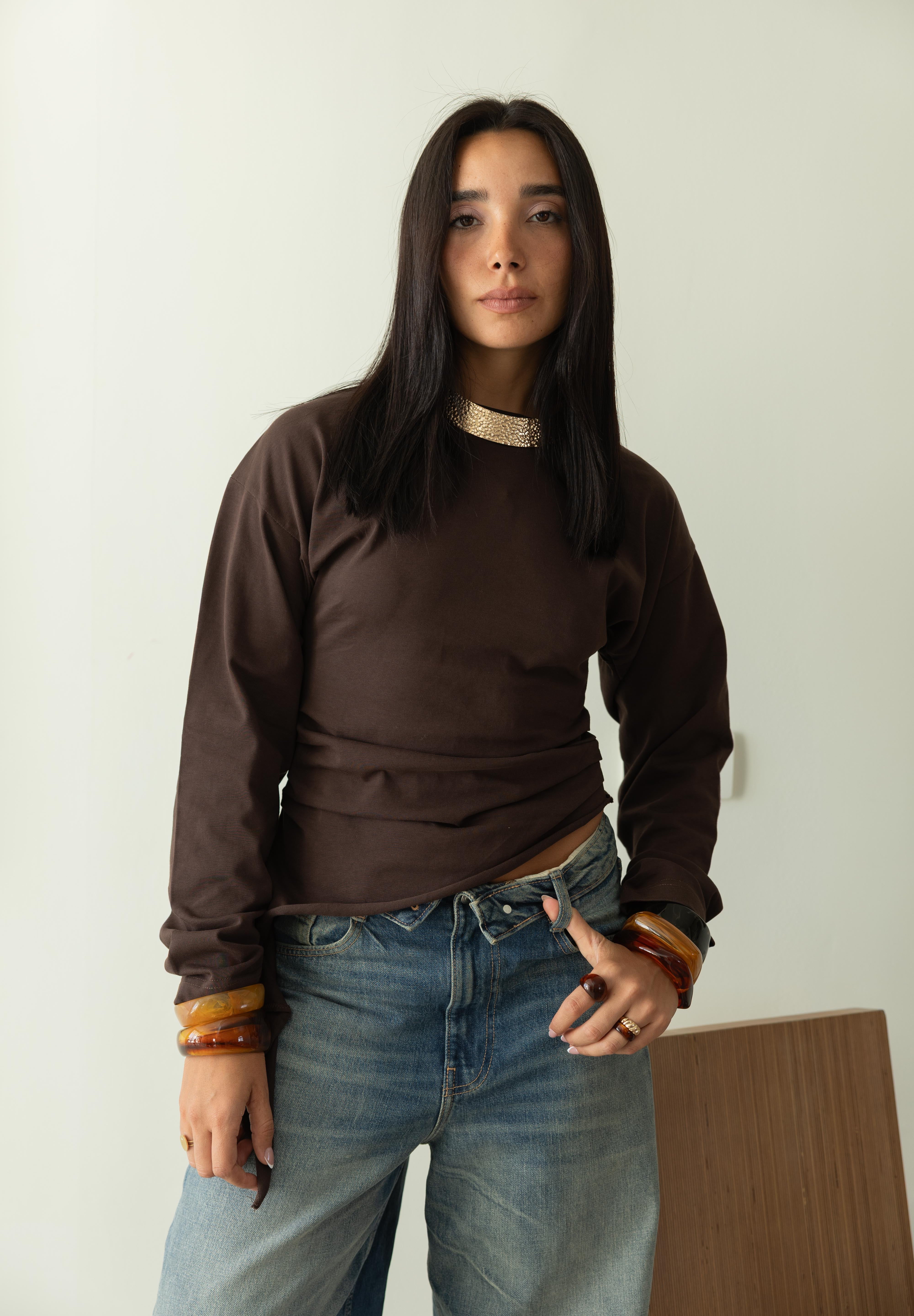 long sleeve ruched T-shirt In Brown