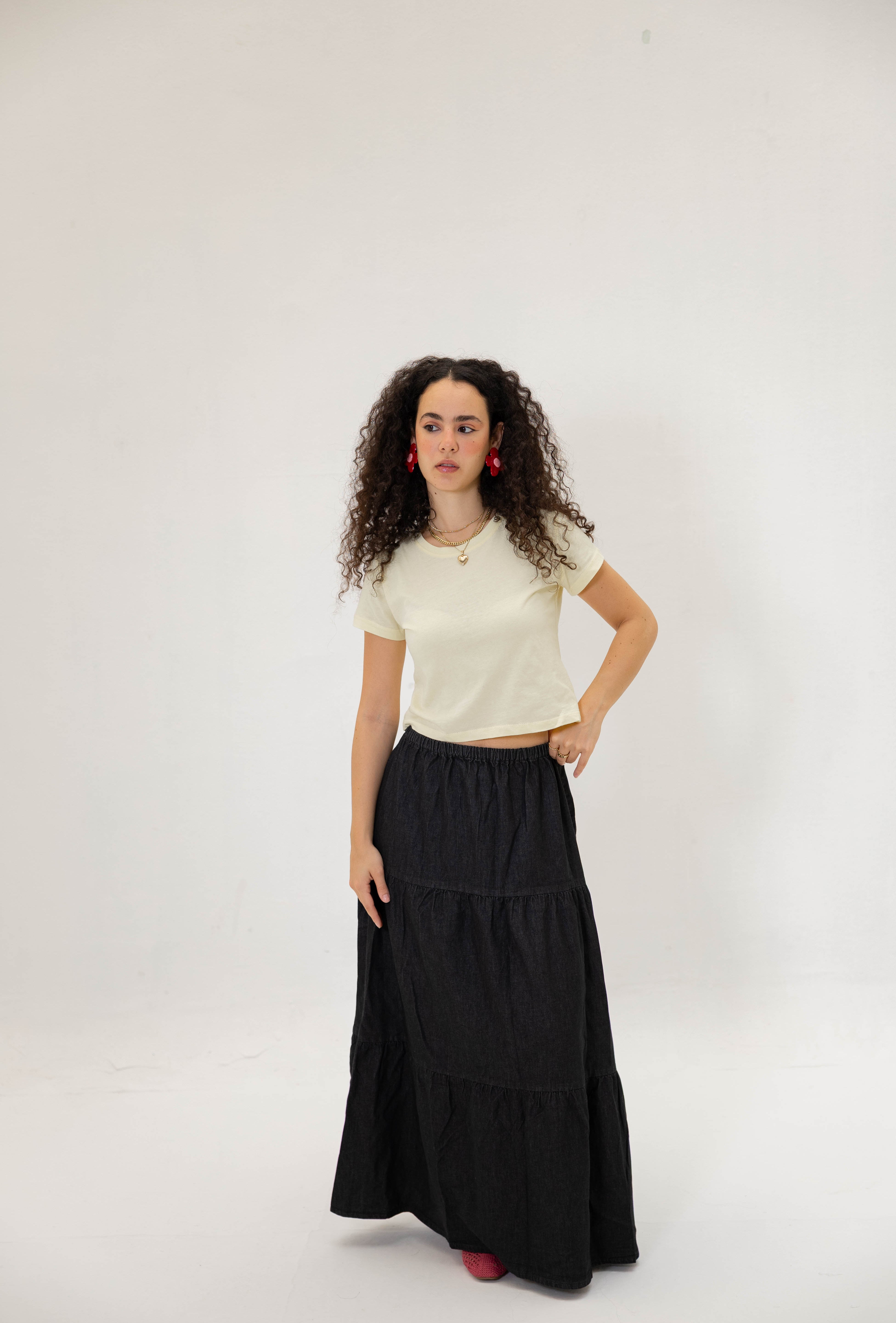 Bloomed in Black Denim Skirt