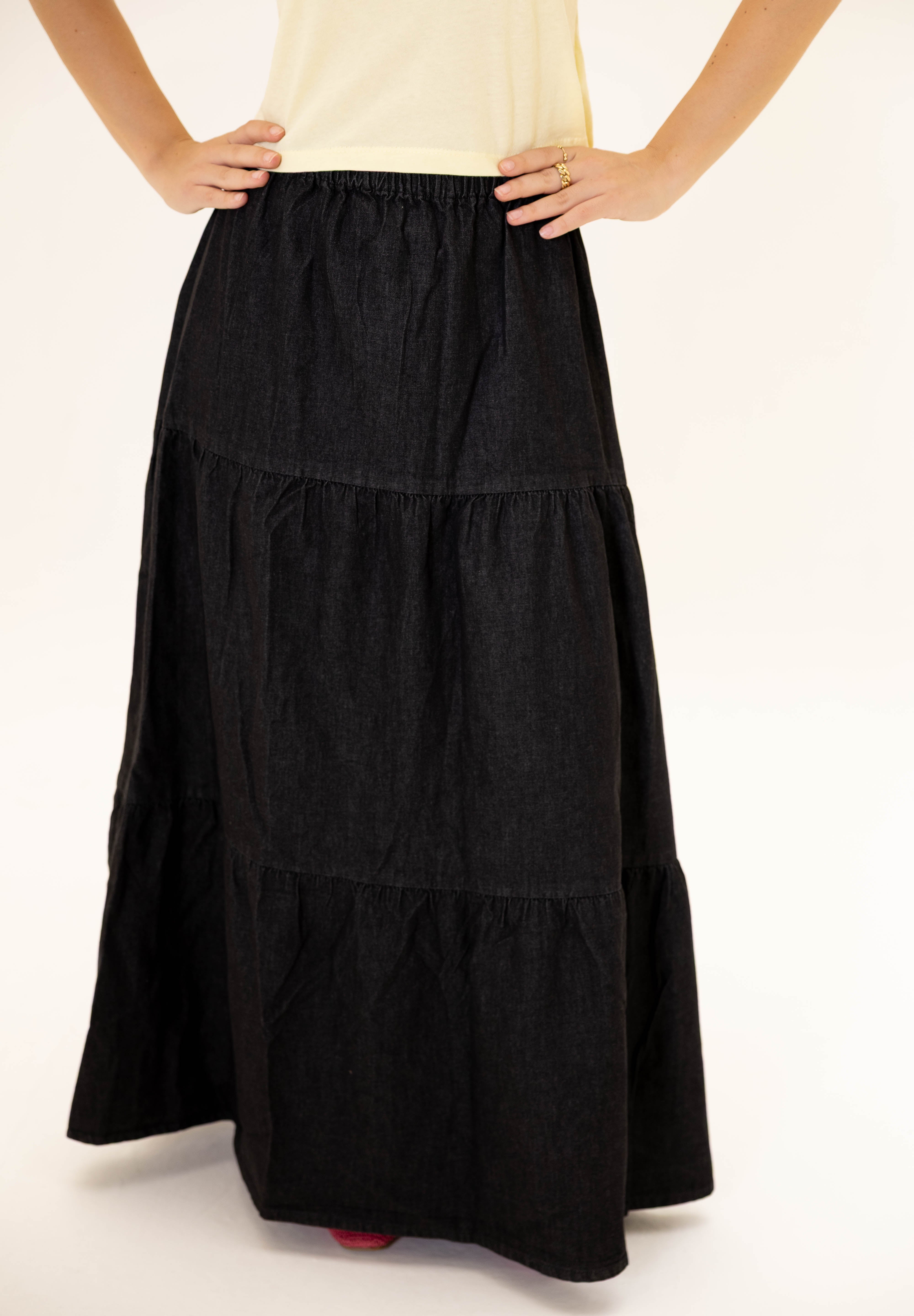 Bloomed in Black Denim Skirt