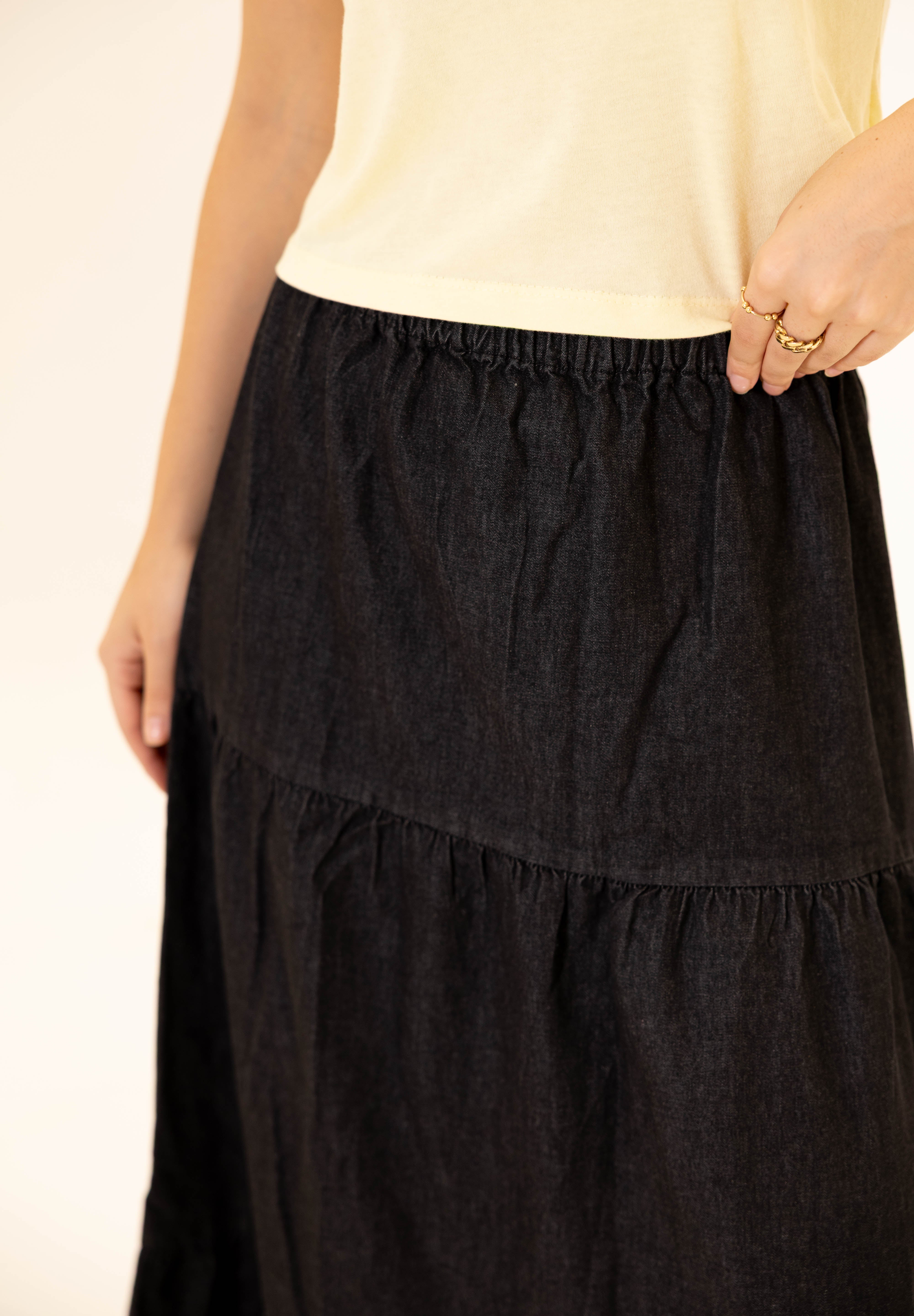 Bloomed in Black Denim Skirt