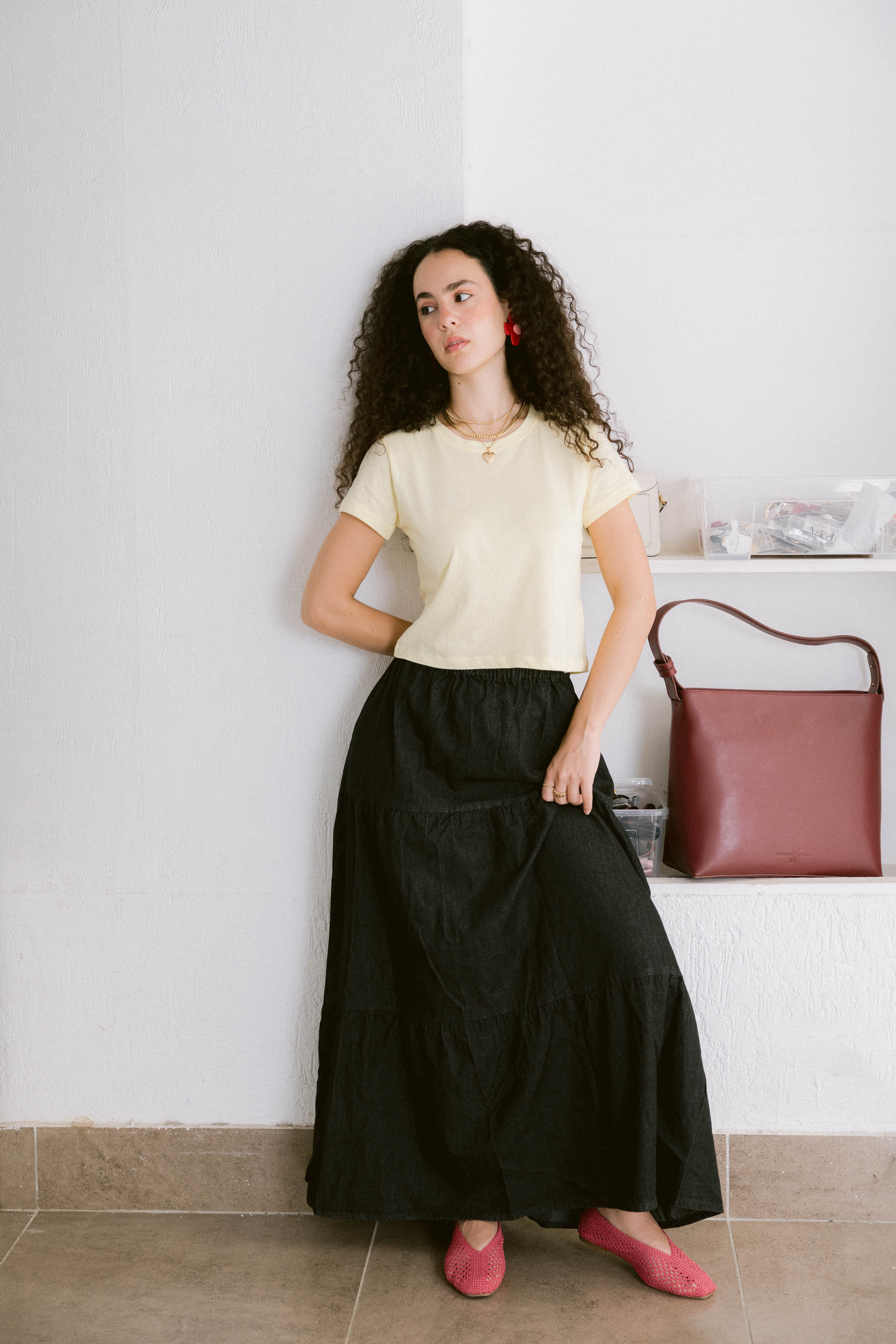 Bloomed in Black Denim Skirt