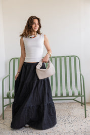 Bloomed in Black Denim Skirt