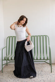 Bloomed in Black Denim Skirt