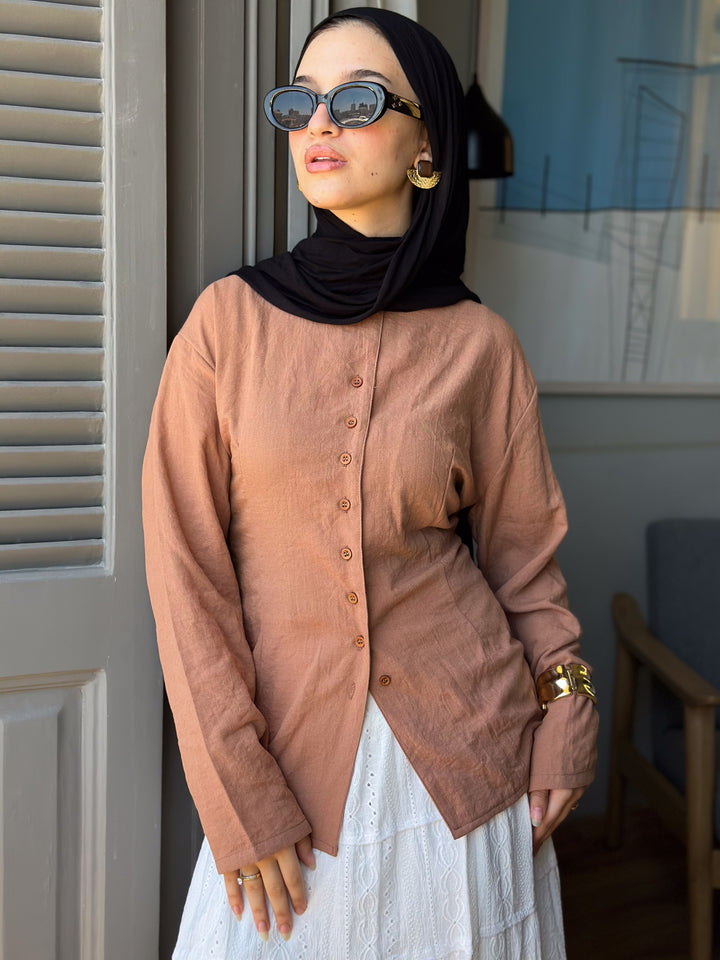 Camel Buttoned Linen Shirt