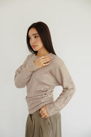 SIDE DRAPED KNIT TOP IN LIGHT BEIGE