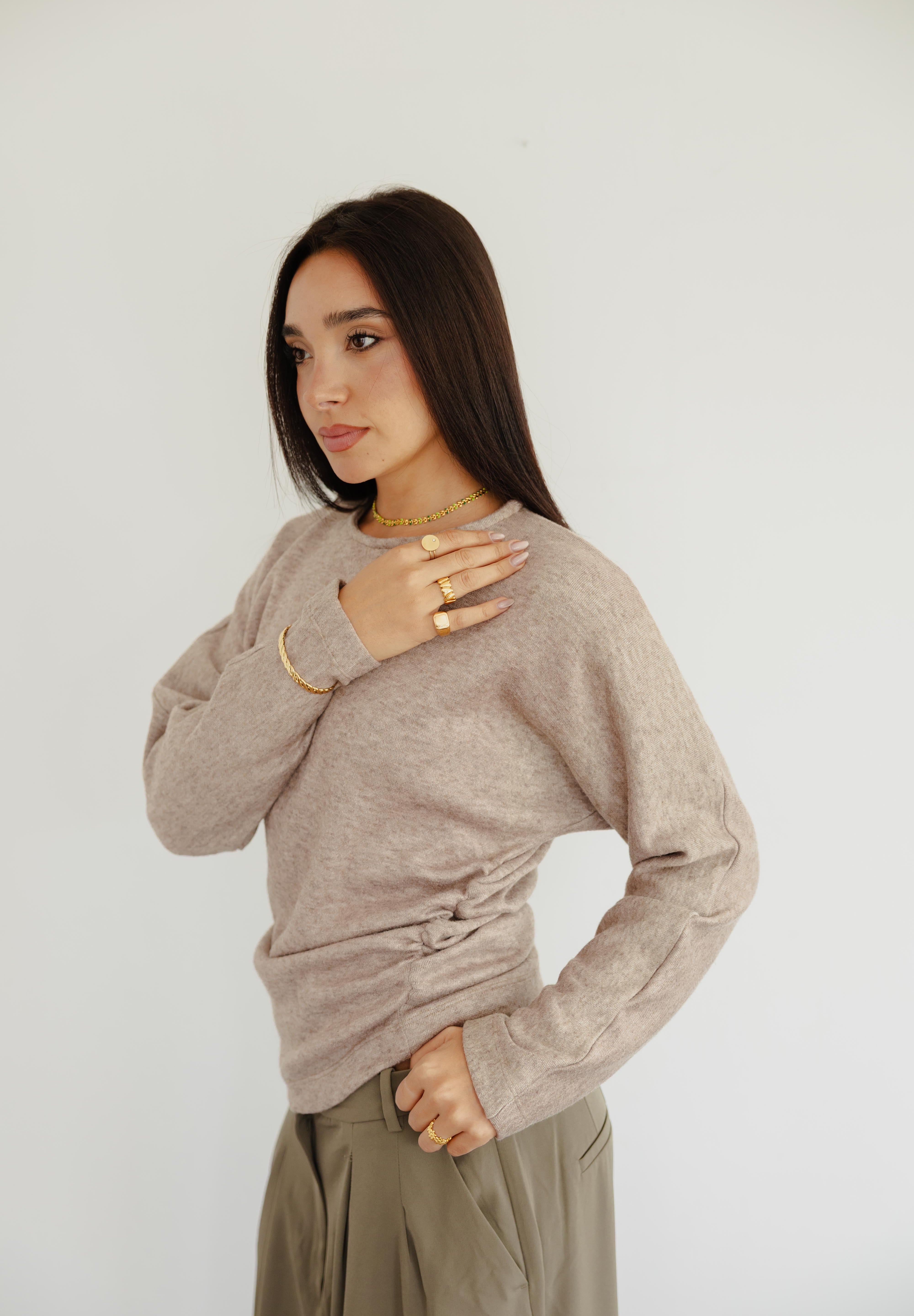 SIDE DRAPED KNIT TOP IN LIGHT BEIGE