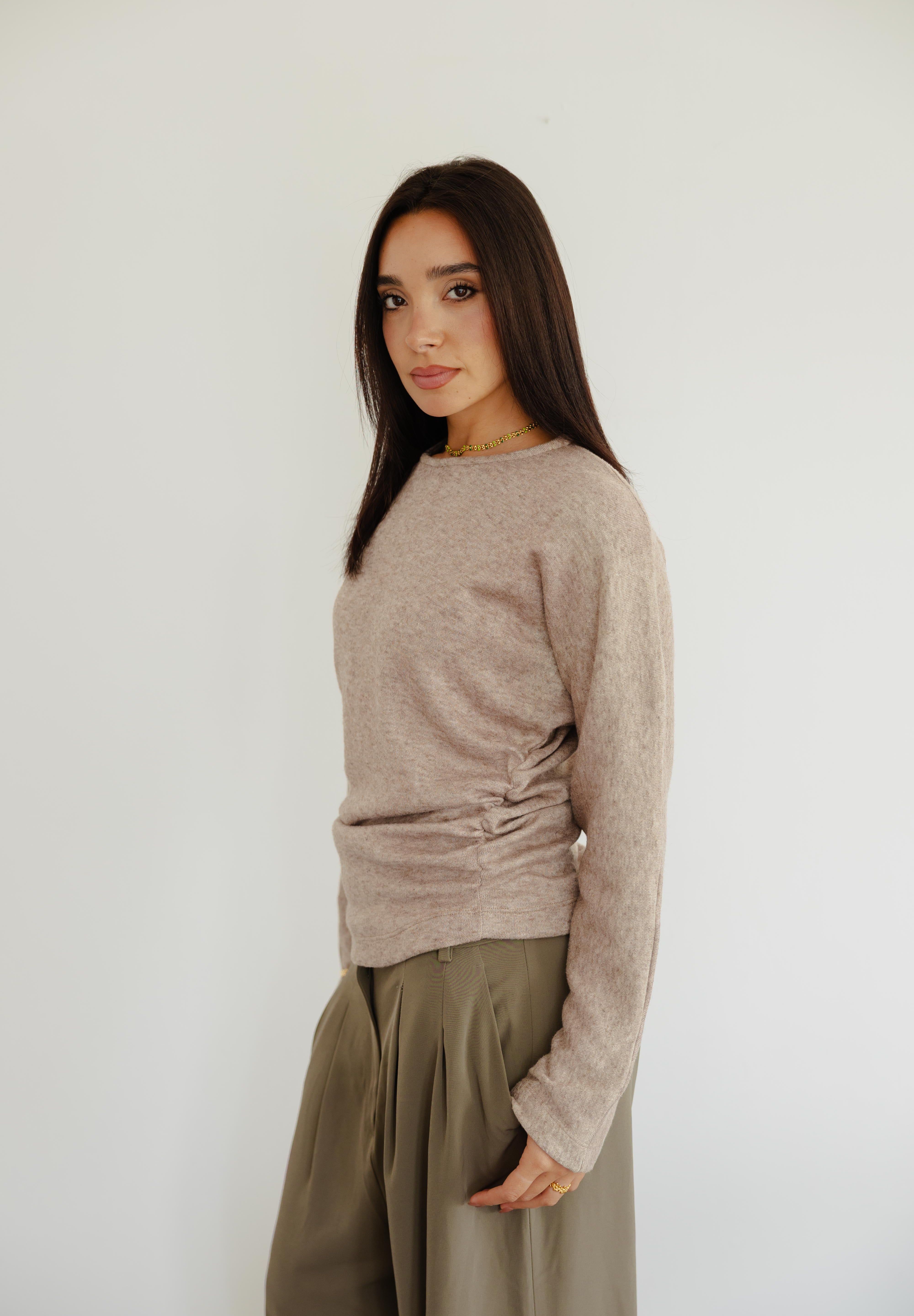 SIDE DRAPED KNIT TOP IN LIGHT BEIGE
