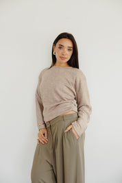 SIDE DRAPED KNIT TOP IN LIGHT BEIGE